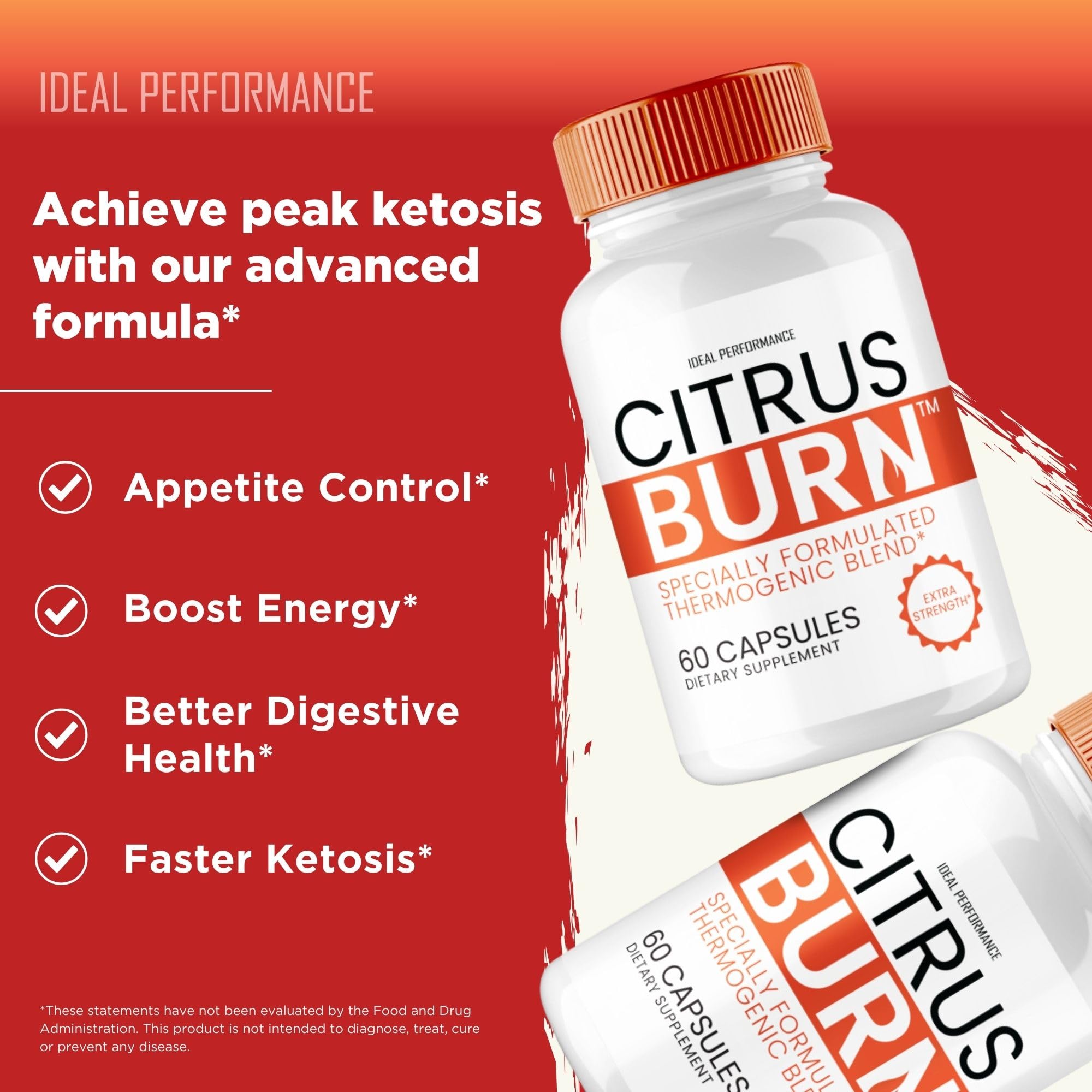 IDEAL PERFORMANCE Citrus Burn Capsules close-up, showing tablet texture for easy swallowing during workouts.