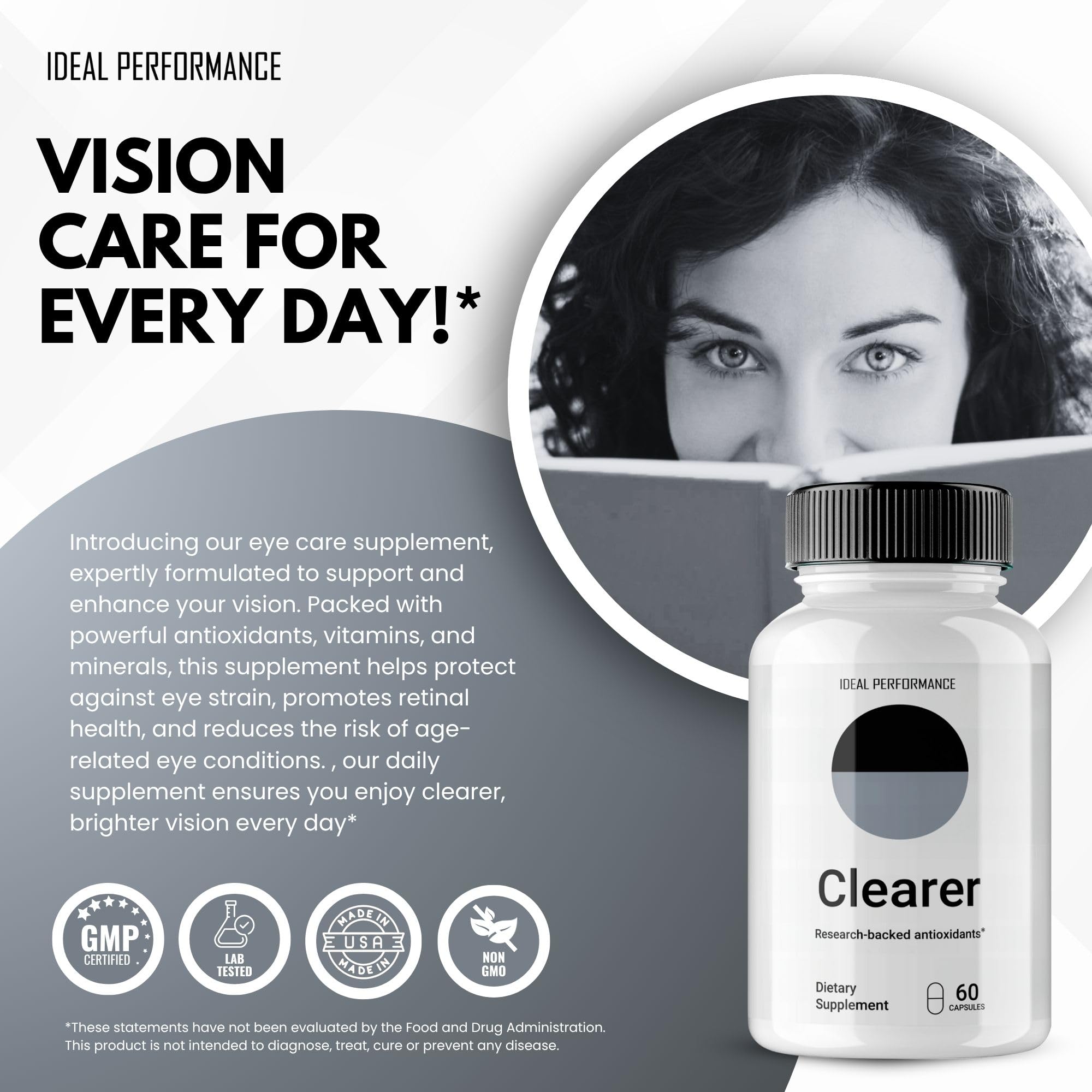IDEAL PERFORMANCE Clearer Vision capsules on desk suggesting consistent, simple daily supplementation.