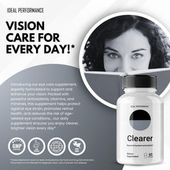 IDEAL PERFORMANCE Clearer Vision capsules on desk suggesting consistent, simple daily supplementation.