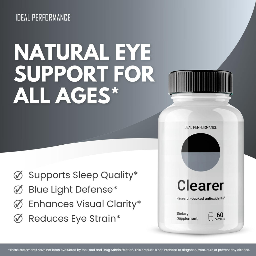 IDEAL PERFORMANCE Clearer Vision capsules on glass surface conveying easy integration into routines.