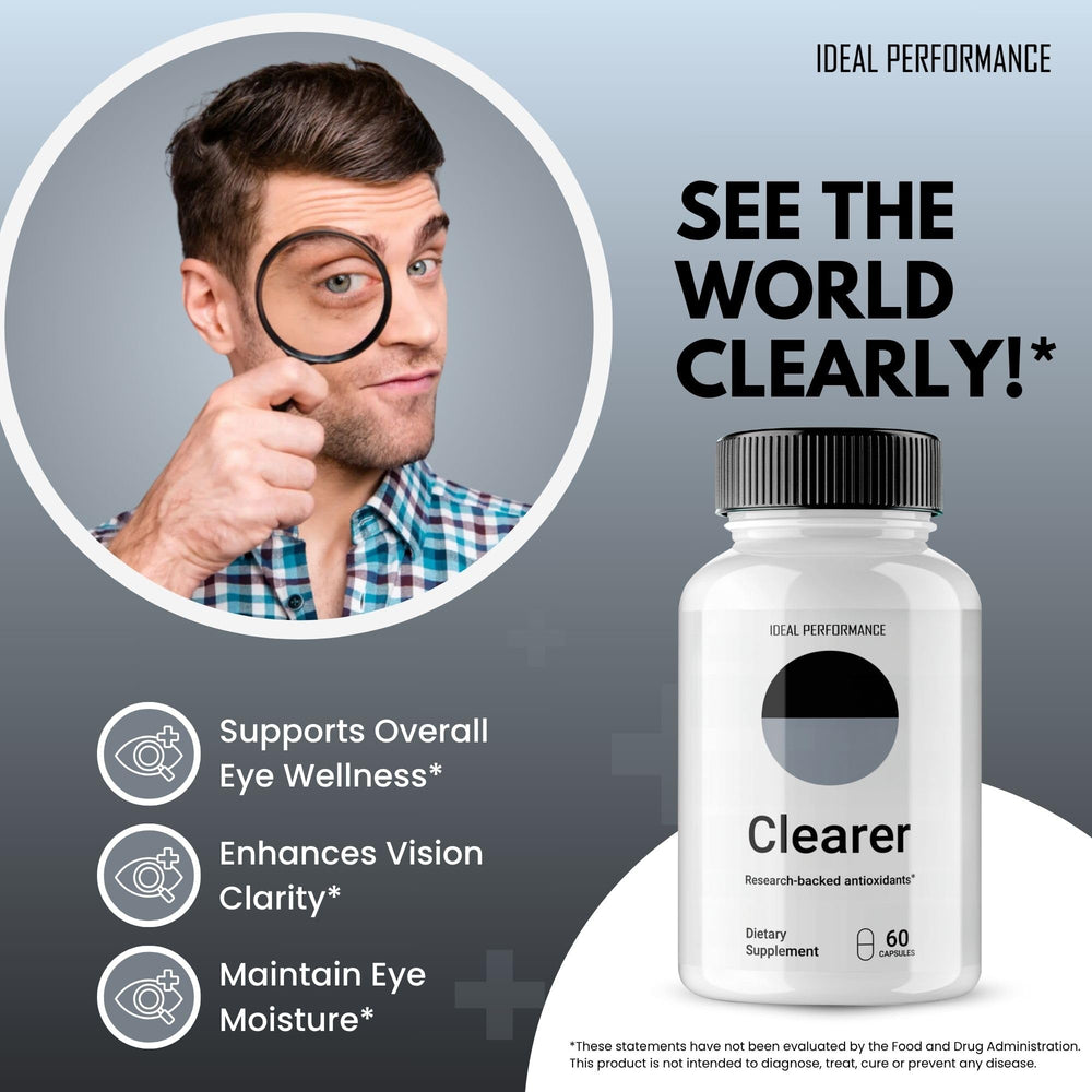IDEAL PERFORMANCE Clearer Vision daily use scene with capsules and morning routine context.