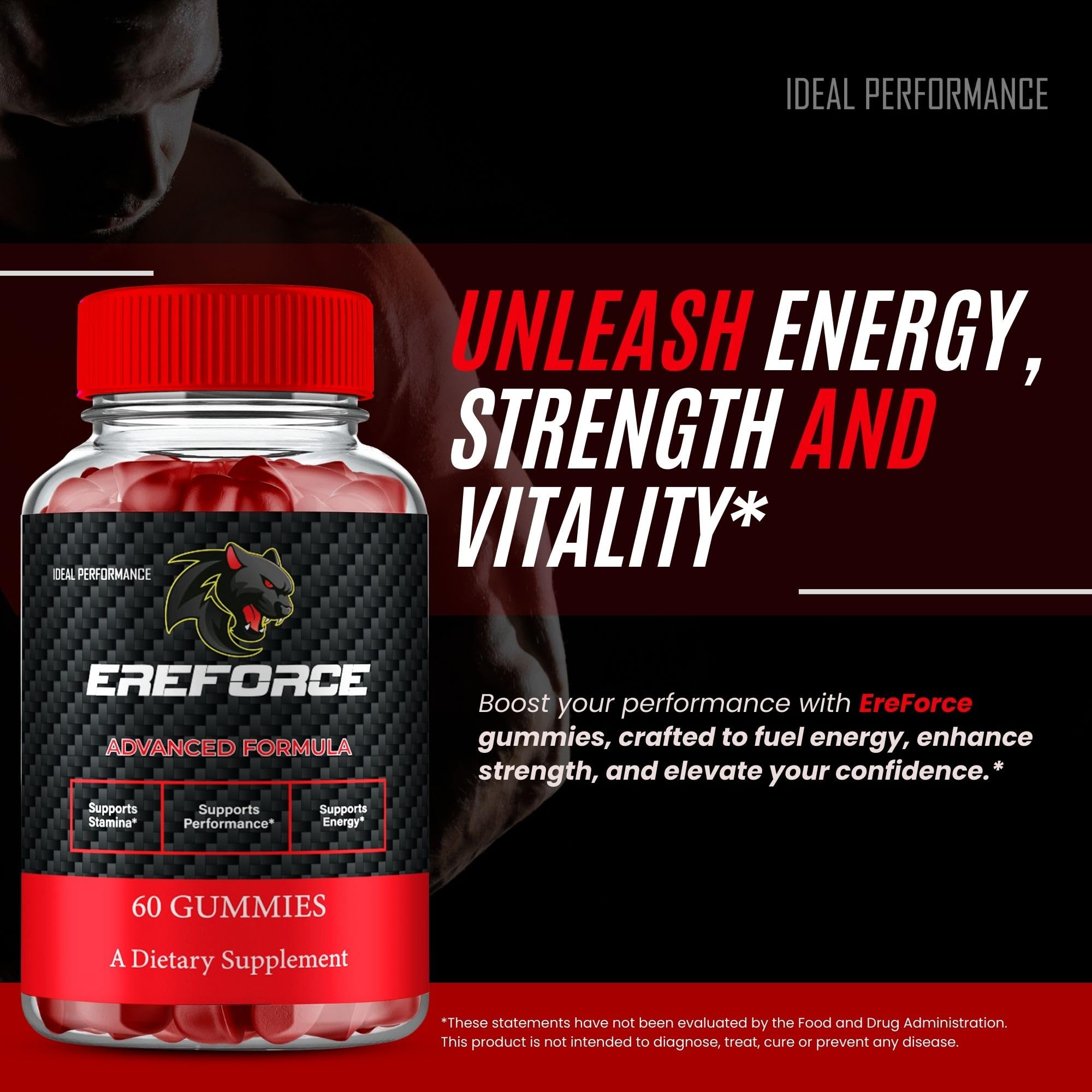 IDEAL PERFORMANCE Ereforce Gummies serving-shot with two gummies ready for daily use.