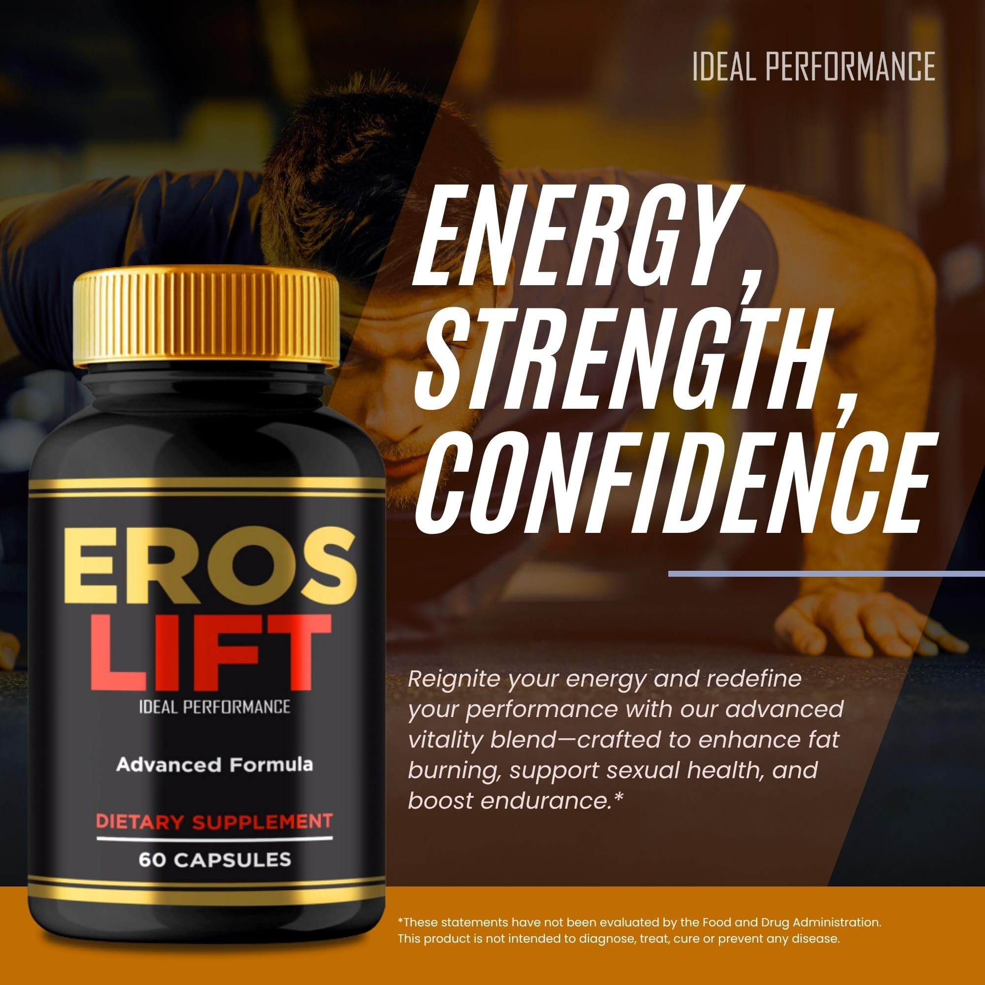 IDEAL PERFORMANCE Eros Lift label shot highlighting all-natural formula and brand.