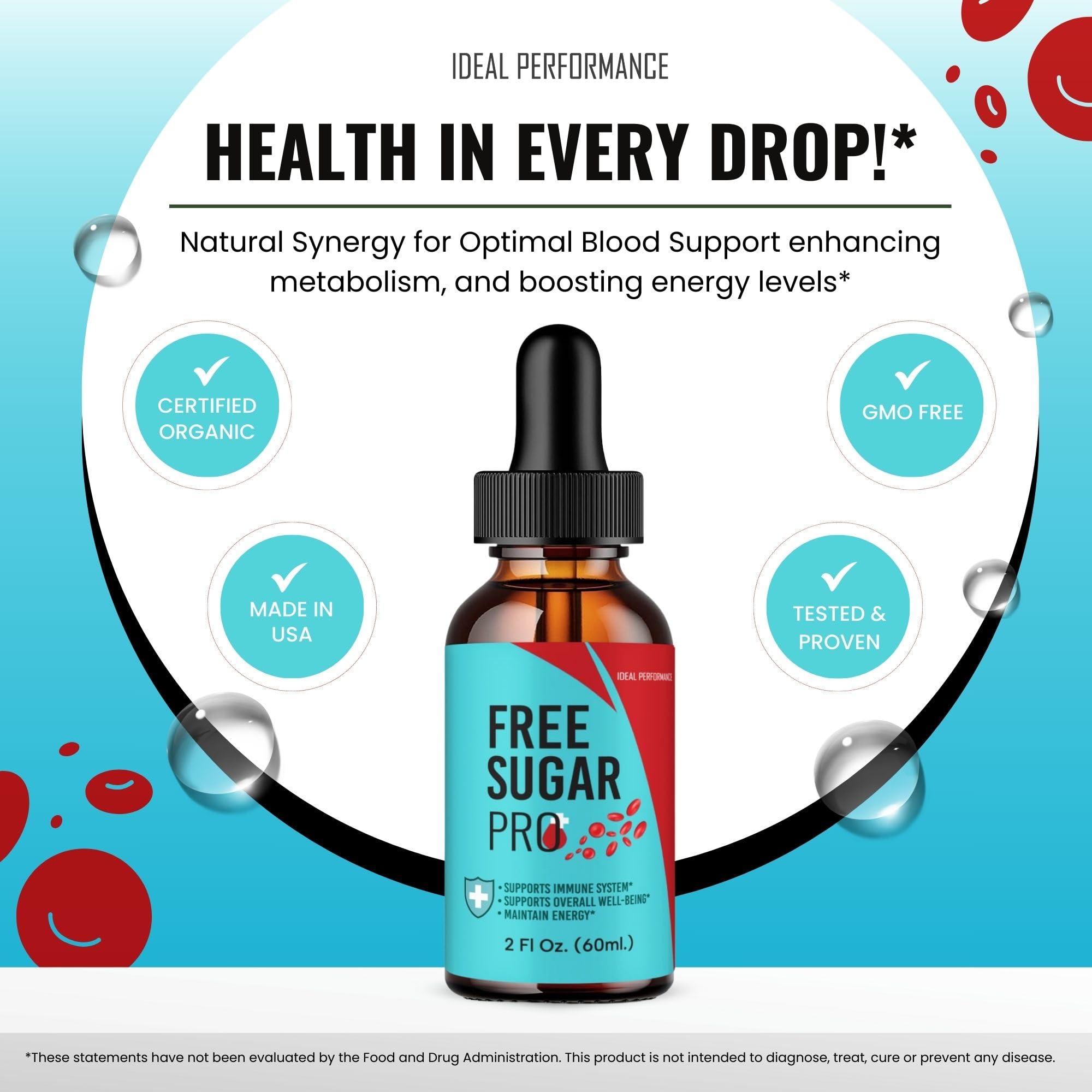 IDEAL PERFORMANCE Free Sugar Pro Blood Formula Liquid Drops bottle emphasizes targeted wellness support.