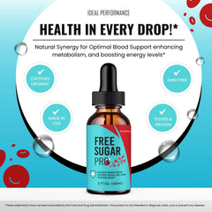 IDEAL PERFORMANCE Free Sugar Pro Blood Formula Liquid Drops bottle emphasizes targeted wellness support.