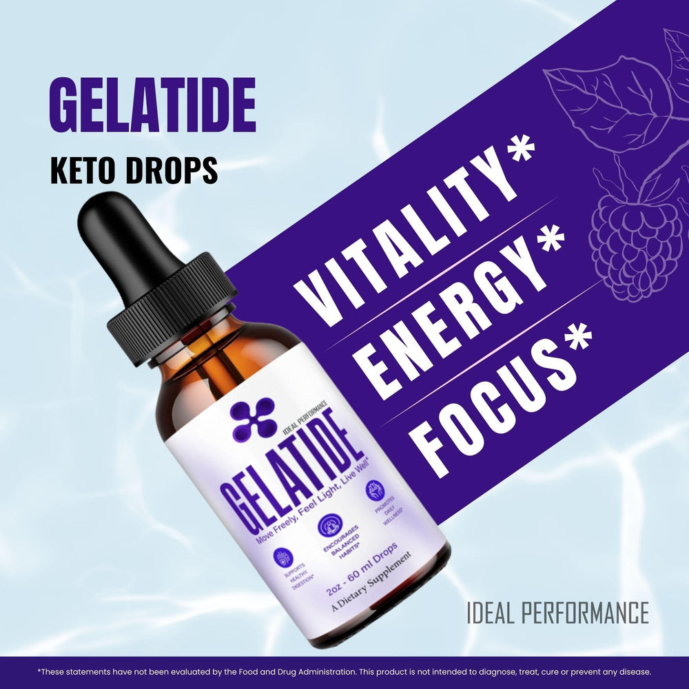 Gelatide Drops label showcases the all-natural, keto-friendly formula.