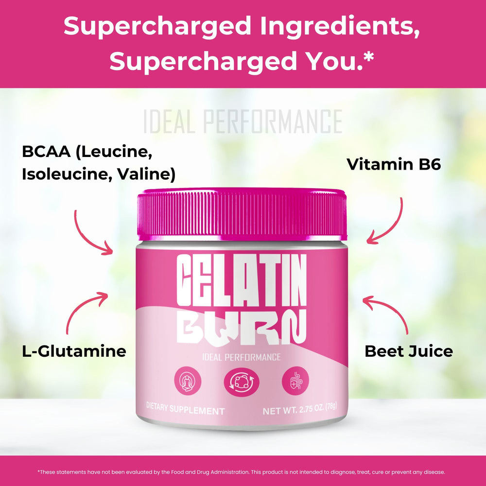 IDEAL PERFORMANCE Gelatin Burn Powder label detail highlighting natural ingredients.