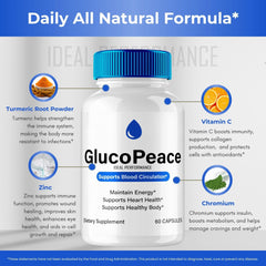 IDEAL PERFORMANCE Gluco Peace pills pack-back, clear benefits and ingredients overview.