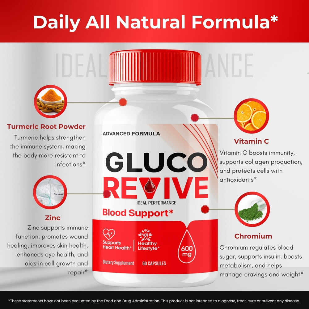 IDEAL PERFORMANCE Gluco Revive packaging and pills arranged for lifestyle use.