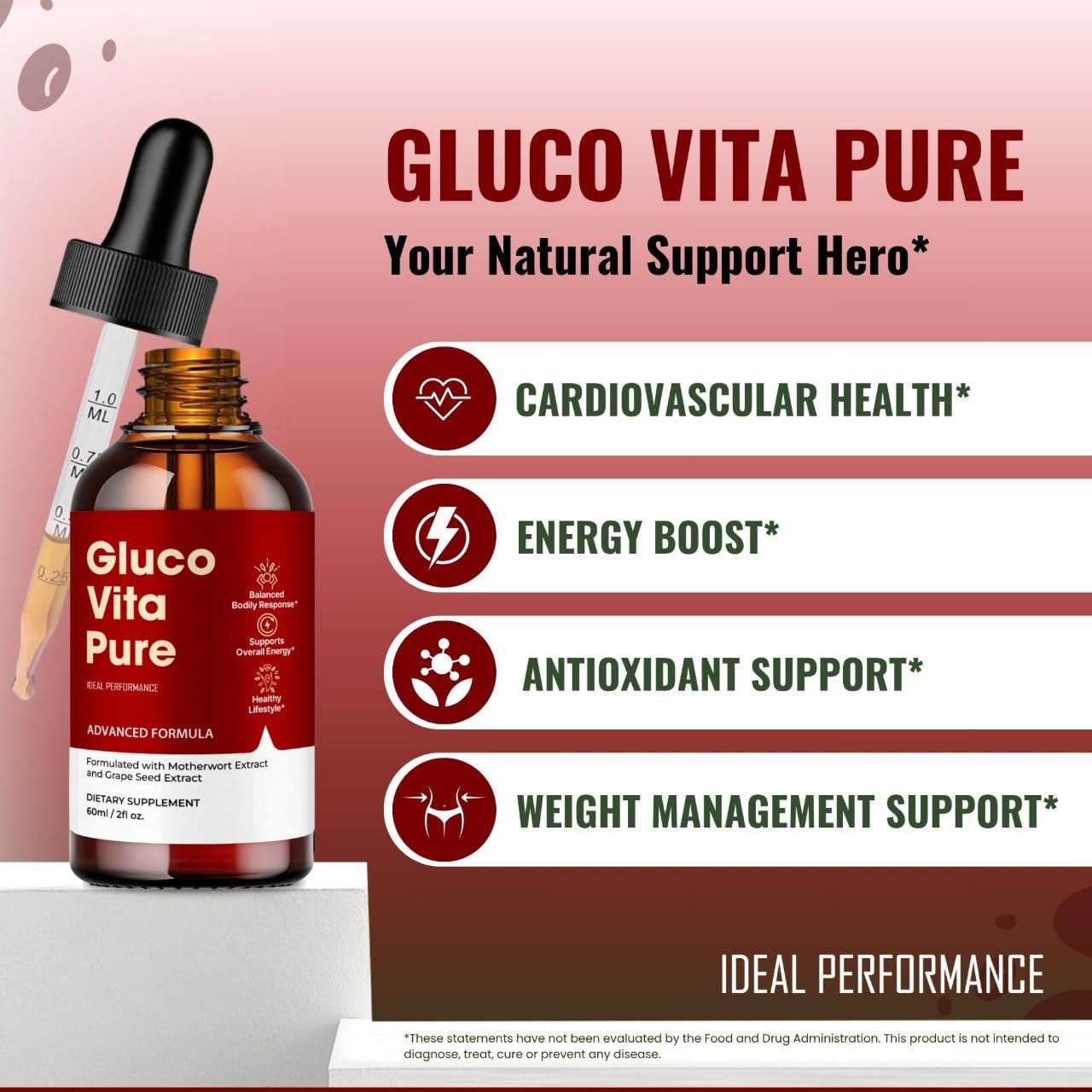 IDEAL PERFORMANCE Gluco Vita Pure Drops dosing dropper for customizable intake.