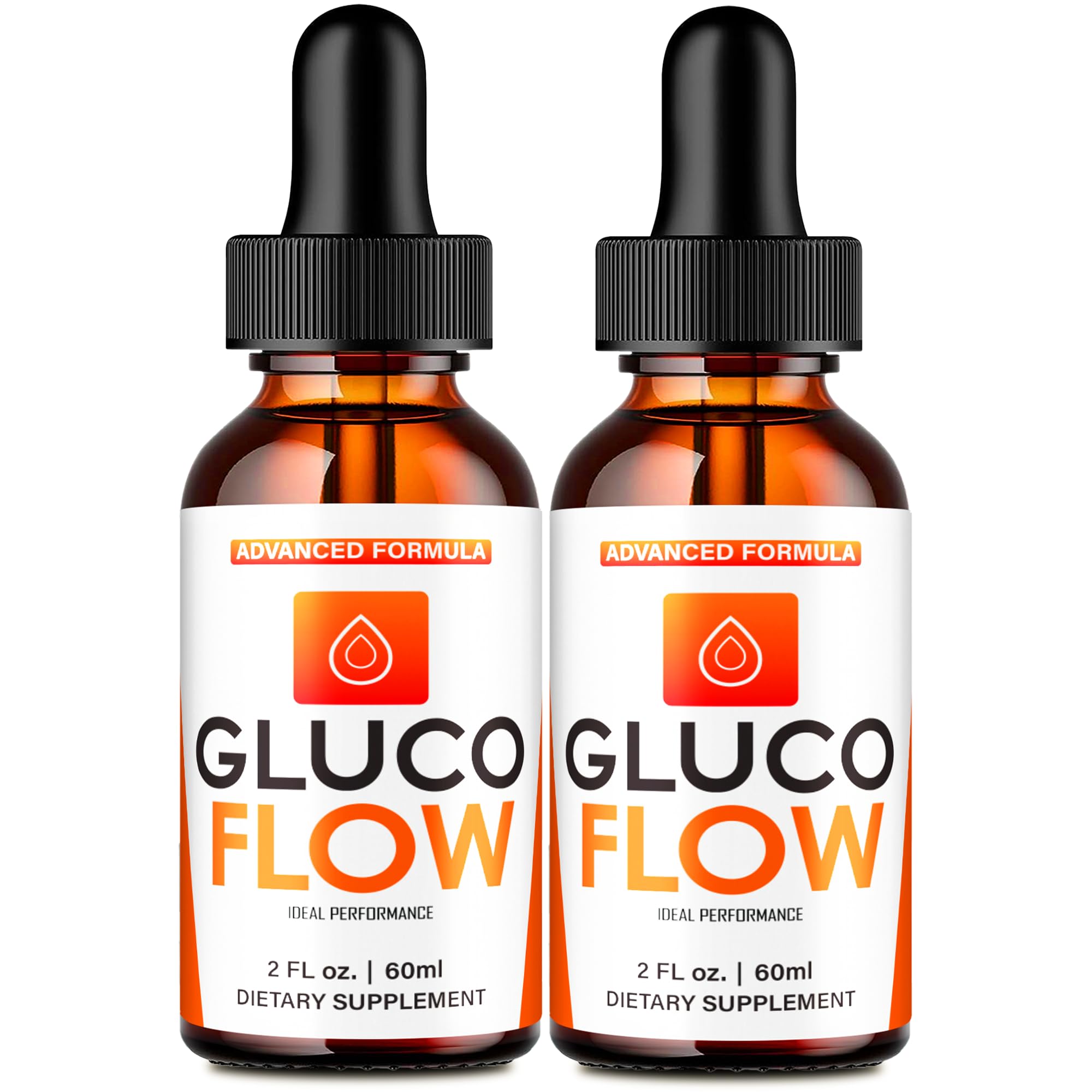 IDEAL PERFORMANCE GlucoFlow Drops bottle shows the all-natural formula for daily wellness.