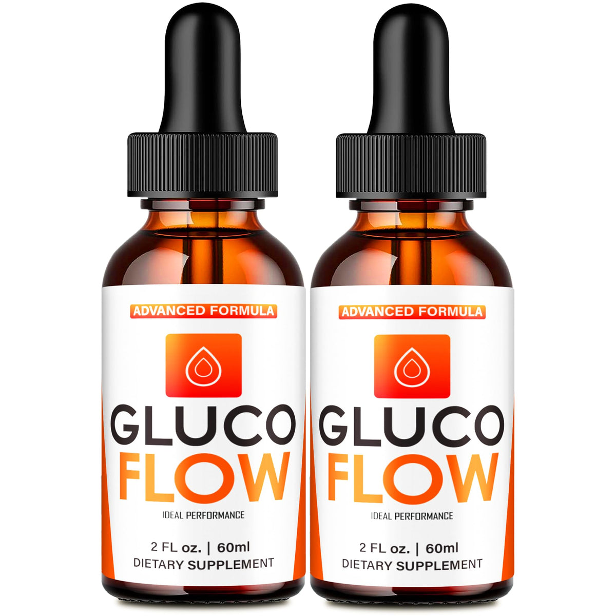 IDEAL PERFORMANCE GlucoFlow Drops bottle shows the all-natural formula for daily wellness.
