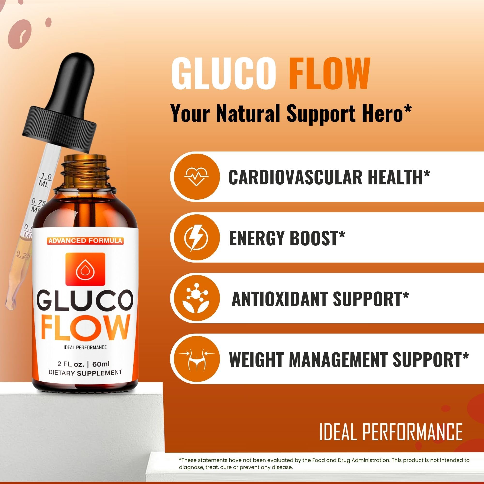 IDEAL PERFORMANCE GlucoFlow Drops label highlights natural ingredients and quality.