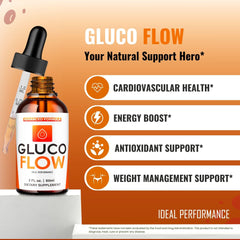 IDEAL PERFORMANCE GlucoFlow Drops label highlights natural ingredients and quality.