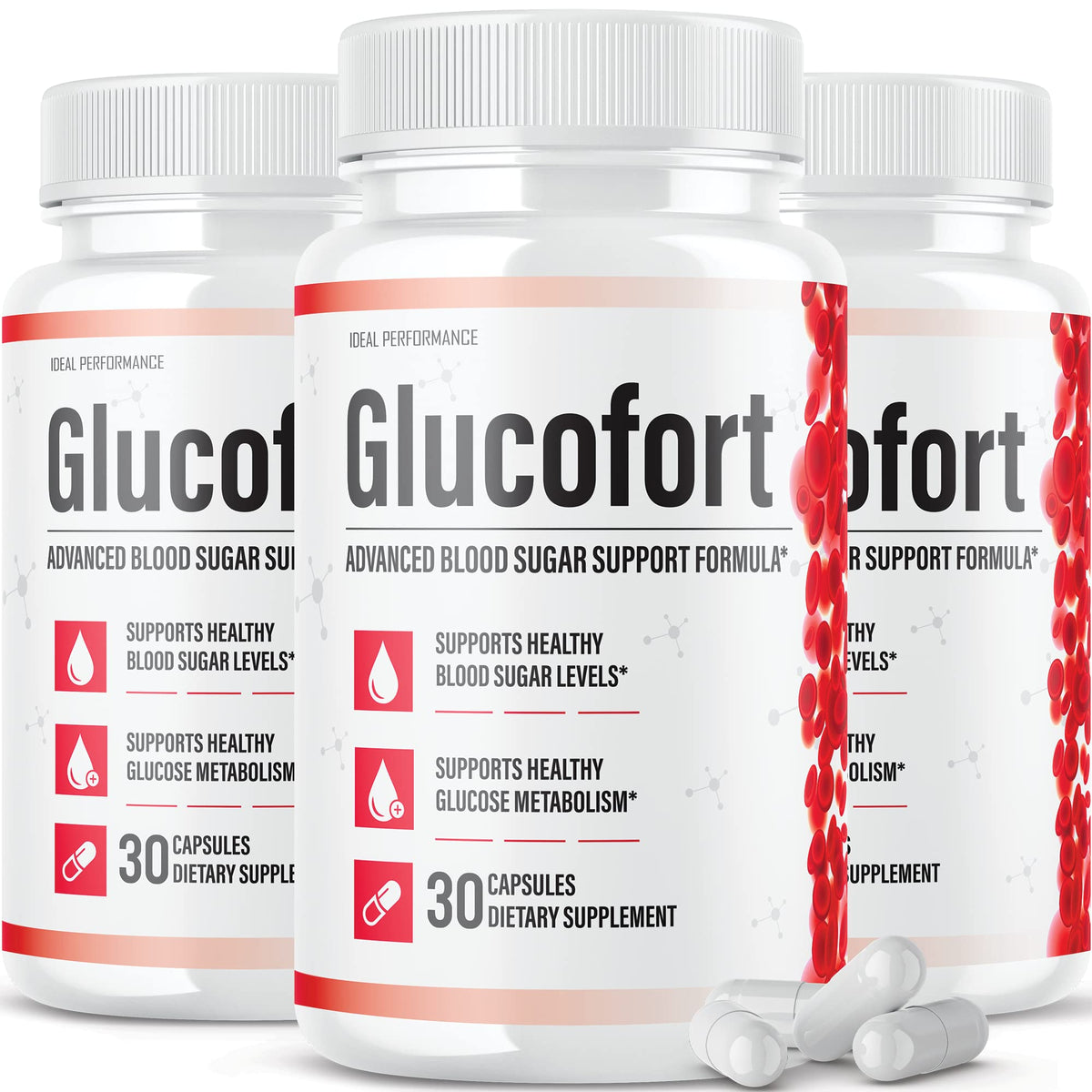 IDEAL PERFORMANCE Glucofort supplement bottle on a clean surface for everyday wellness.