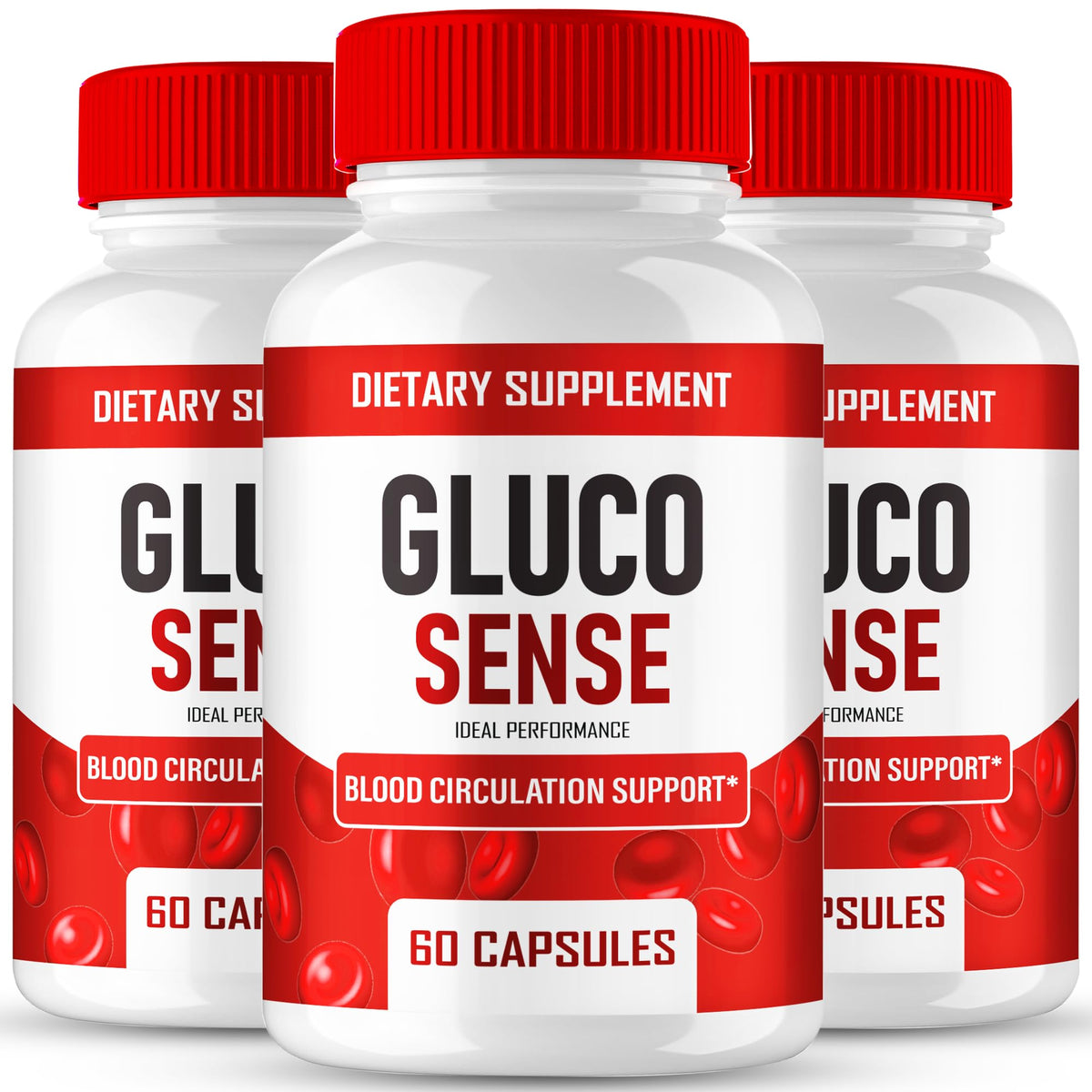 IDEAL PERFORMANCE GlucoSense capsules bottle highlighting advanced circulation support.