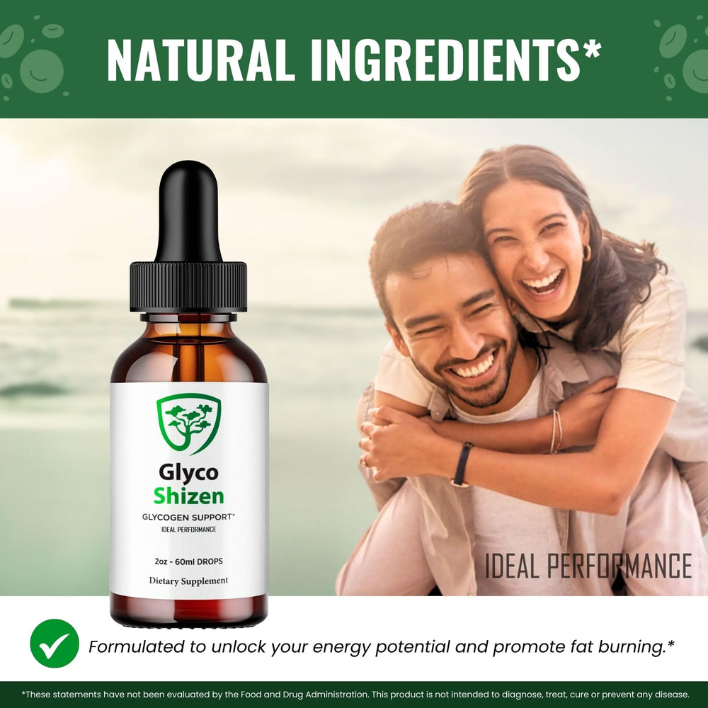 IDEAL PERFORMANCE Glyco Shizen Drops packaging with ingredients icons for transparency.