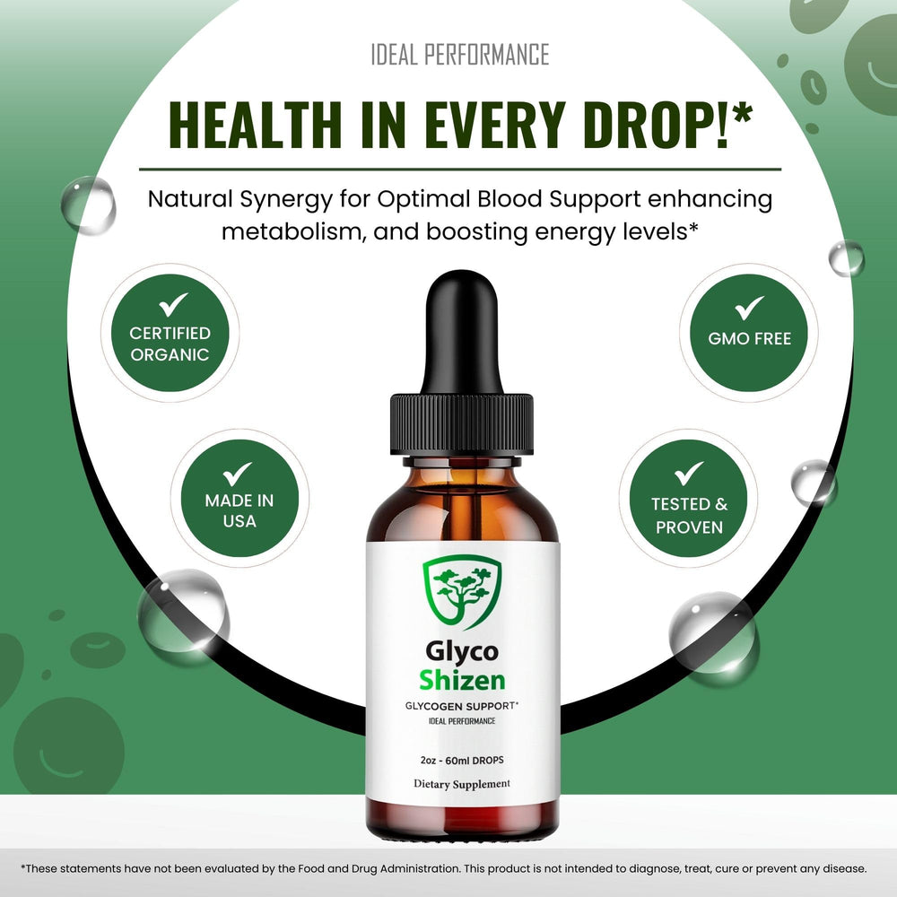 IDEAL PERFORMANCE Glyco Shizen Drops measuring dropper beside bottle for easy dosing.