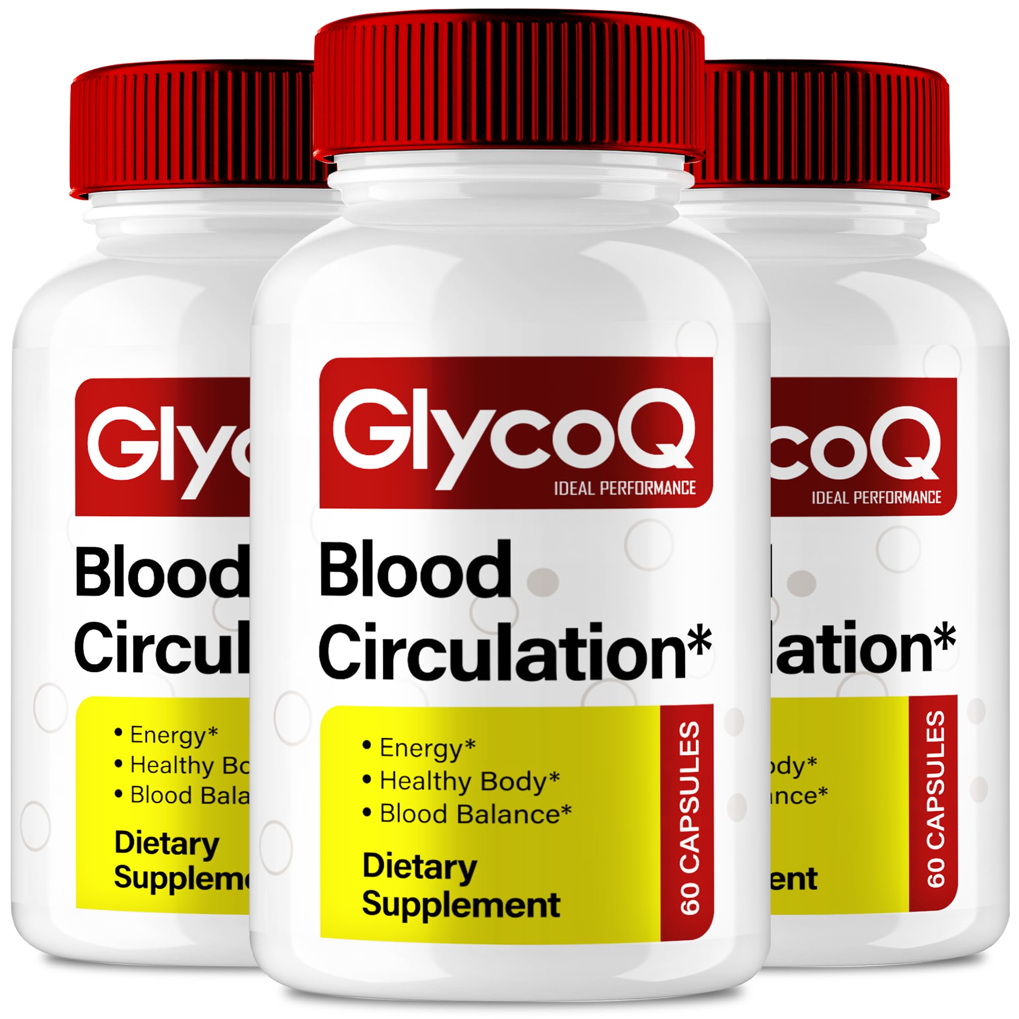 IDEAL PERFORMANCE GlycoQ bottle front highlighting the advanced formula for daily circulation support
