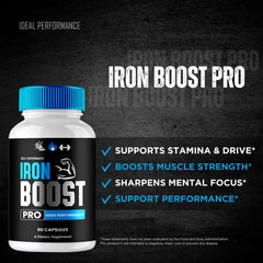 IDEAL PERFORMANCE Iron Boost Pro ingredients panel listing minerals and botanicals.