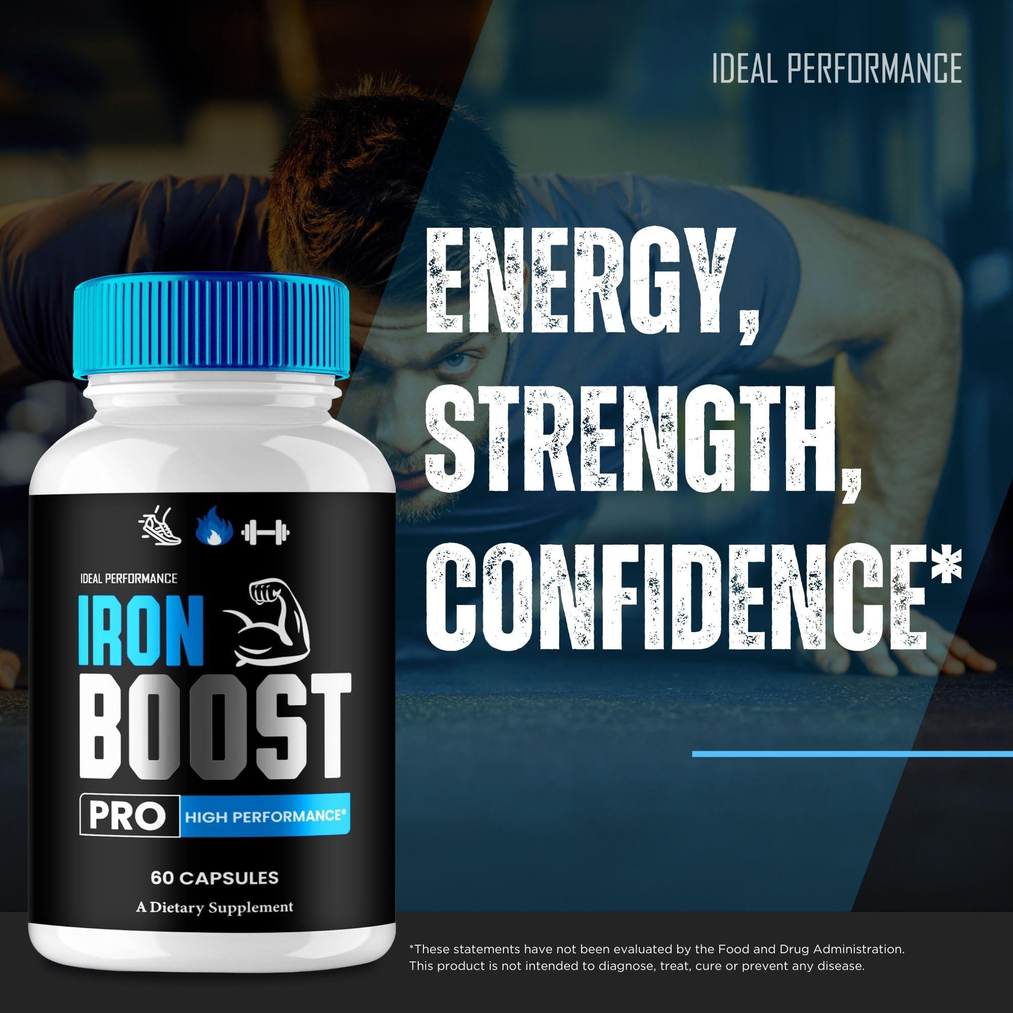 IDEAL PERFORMANCE Iron Boost Pro packaging box emphasizing trusted formula.