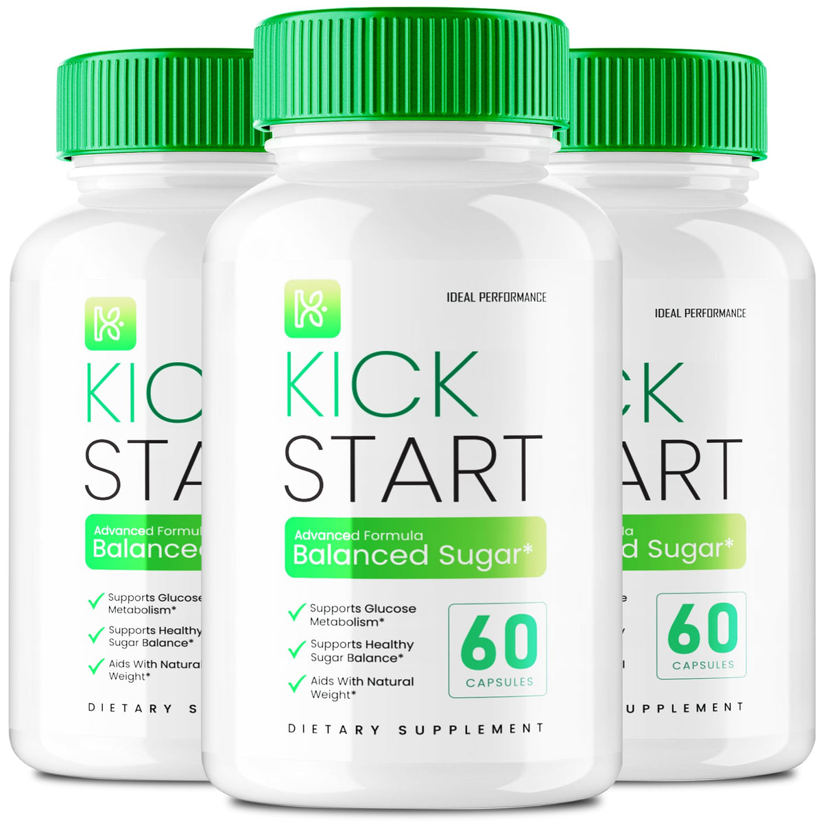IDEAL PERFORMANCE Kick Start capsules bottle front; daily wellness support.