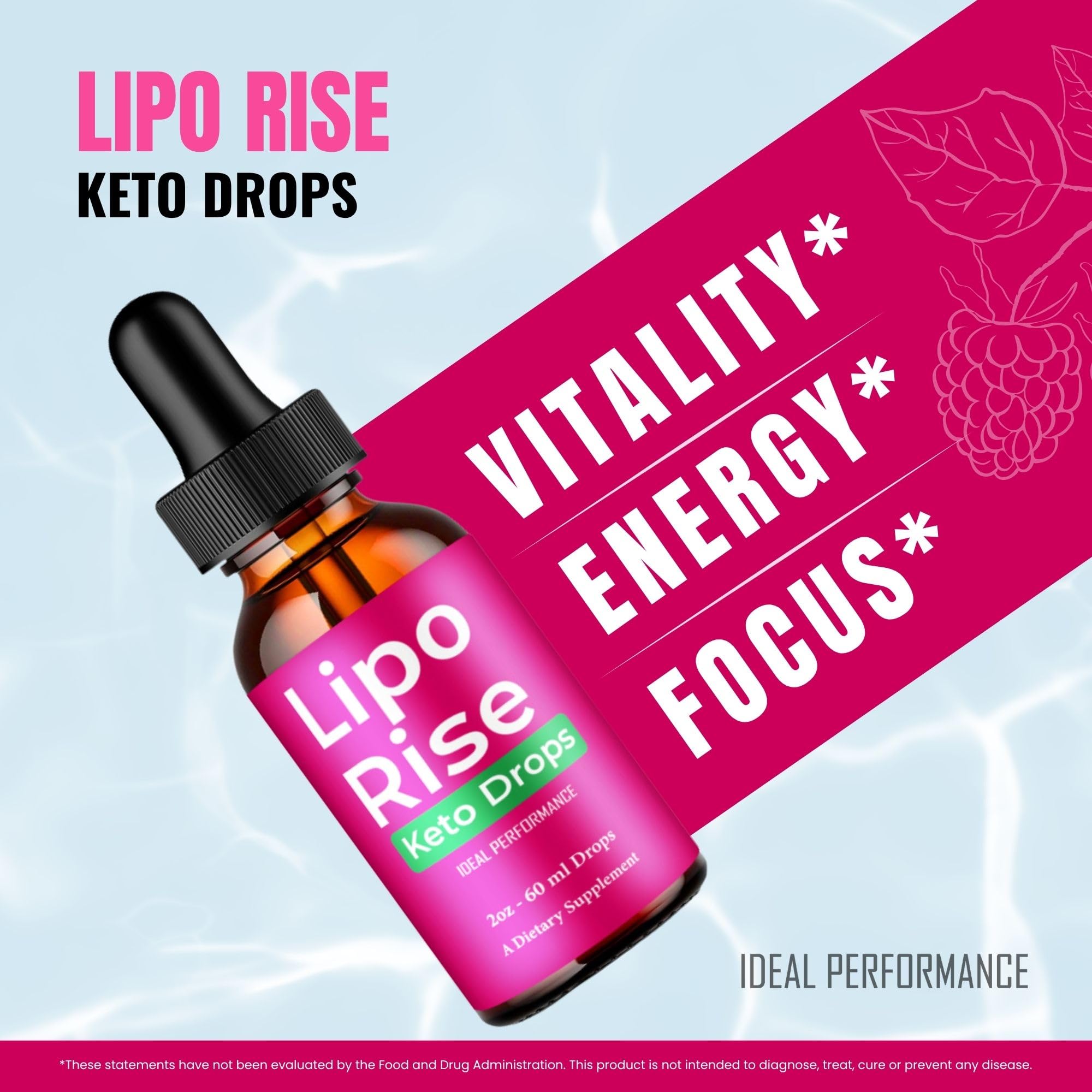 IDEAL PERFORMANCE Lipo Rise Drops keto-formula bottle with natural ingredients.