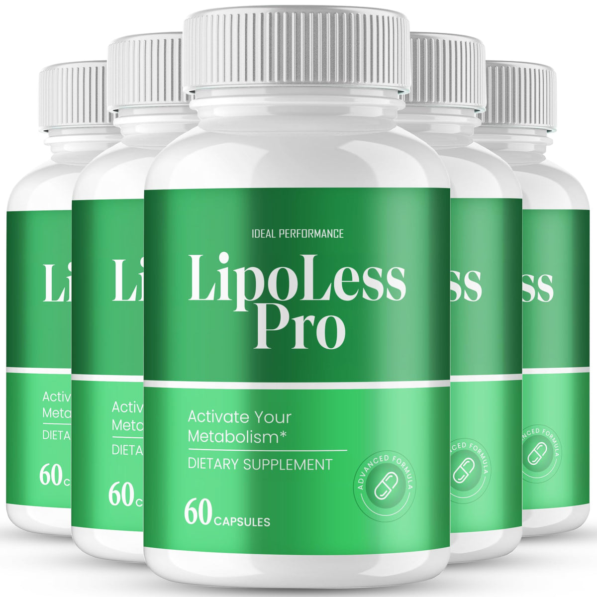 IDEAL PERFORMANCE Lipoless Capsules bottle front view for on-the-go energy support.
