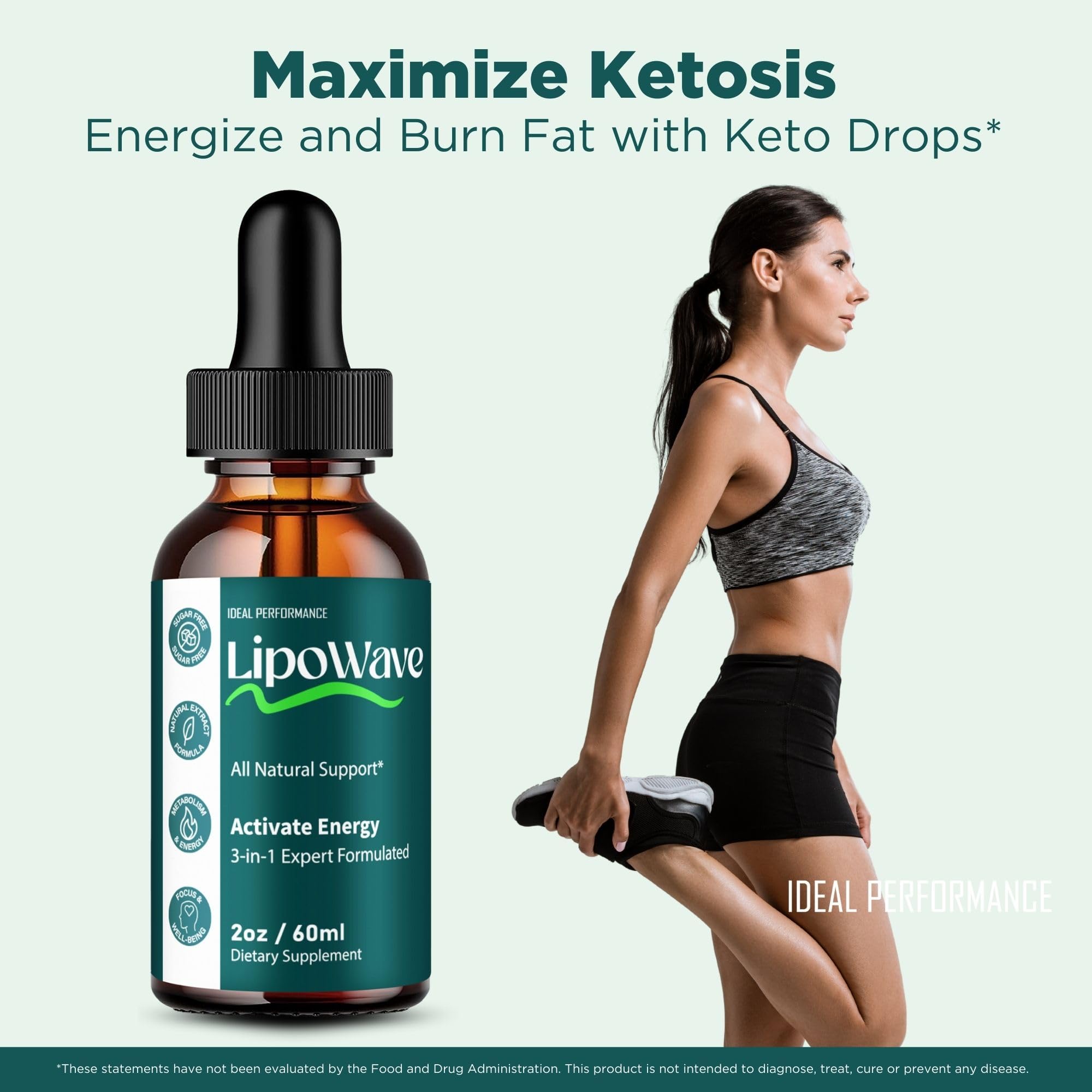 IDEAL PERFORMANCE Lipowave Drops dropper measuring daily dose for keto routine.