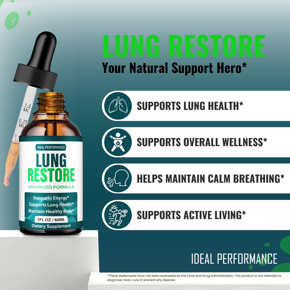 IDEAL PERFORMANCE Lung Restore Drops in use, users pouring drops for convenient daily support