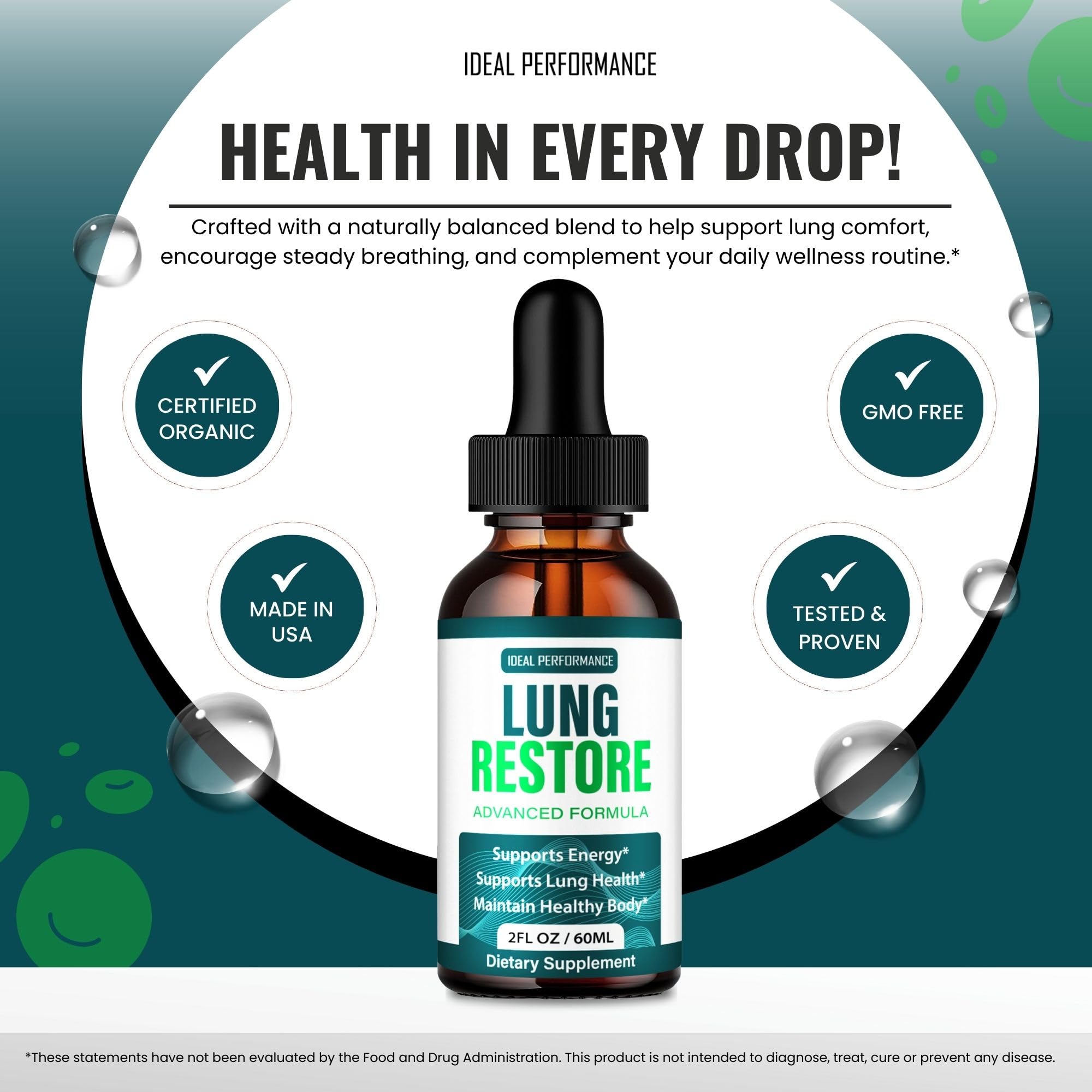 IDEAL PERFORMANCE Lung Restore Drops ingredients icon, natural ingredients emphasized for lung health
