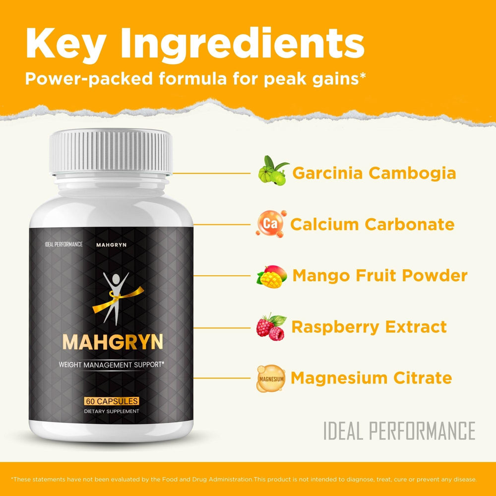 IDEAL PERFORMANCE Mahgryn Capsules packaging design, modern bottle and label for official product.