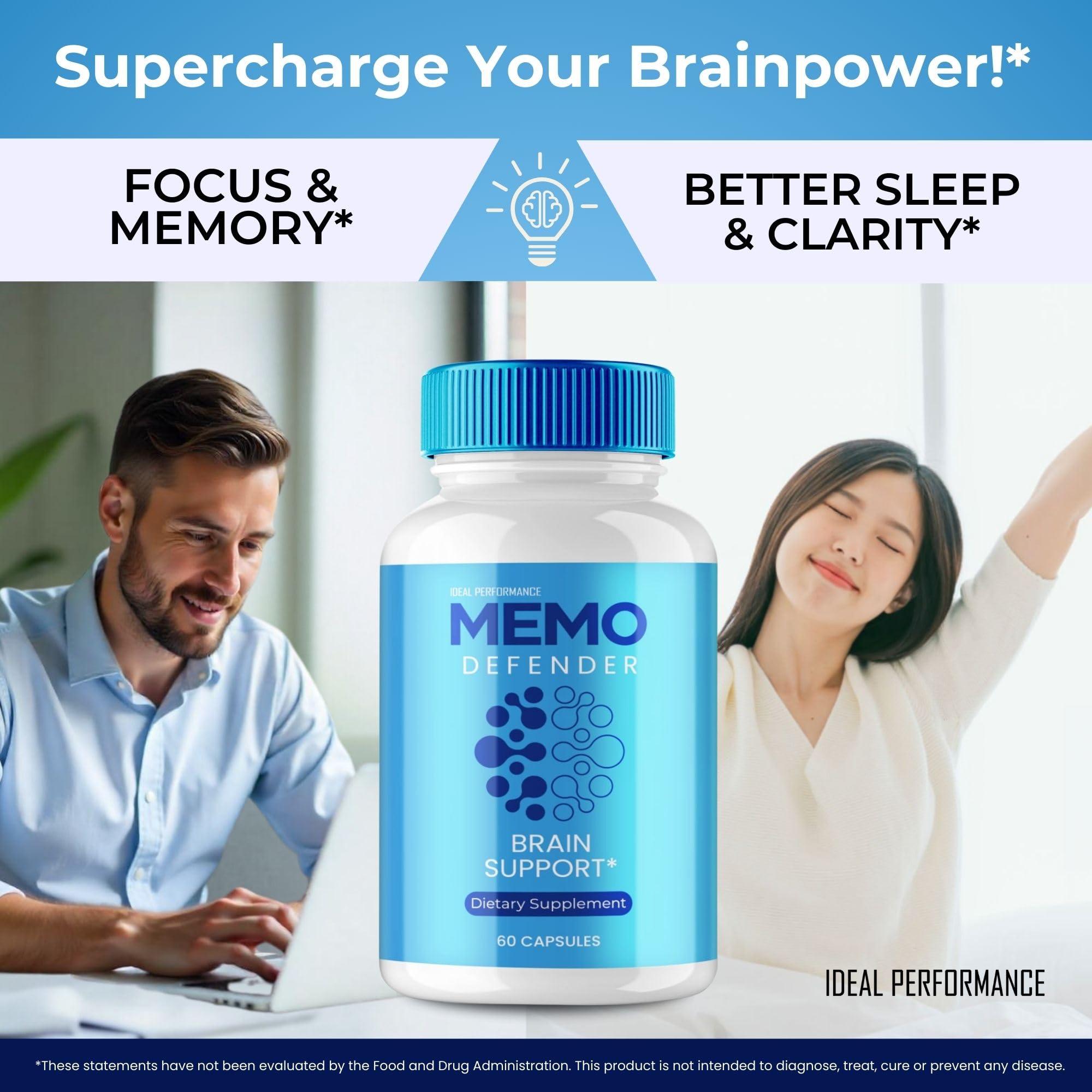 IDEAL PERFORMANCE Memo Defender capsules on textured surface highlighting focus use