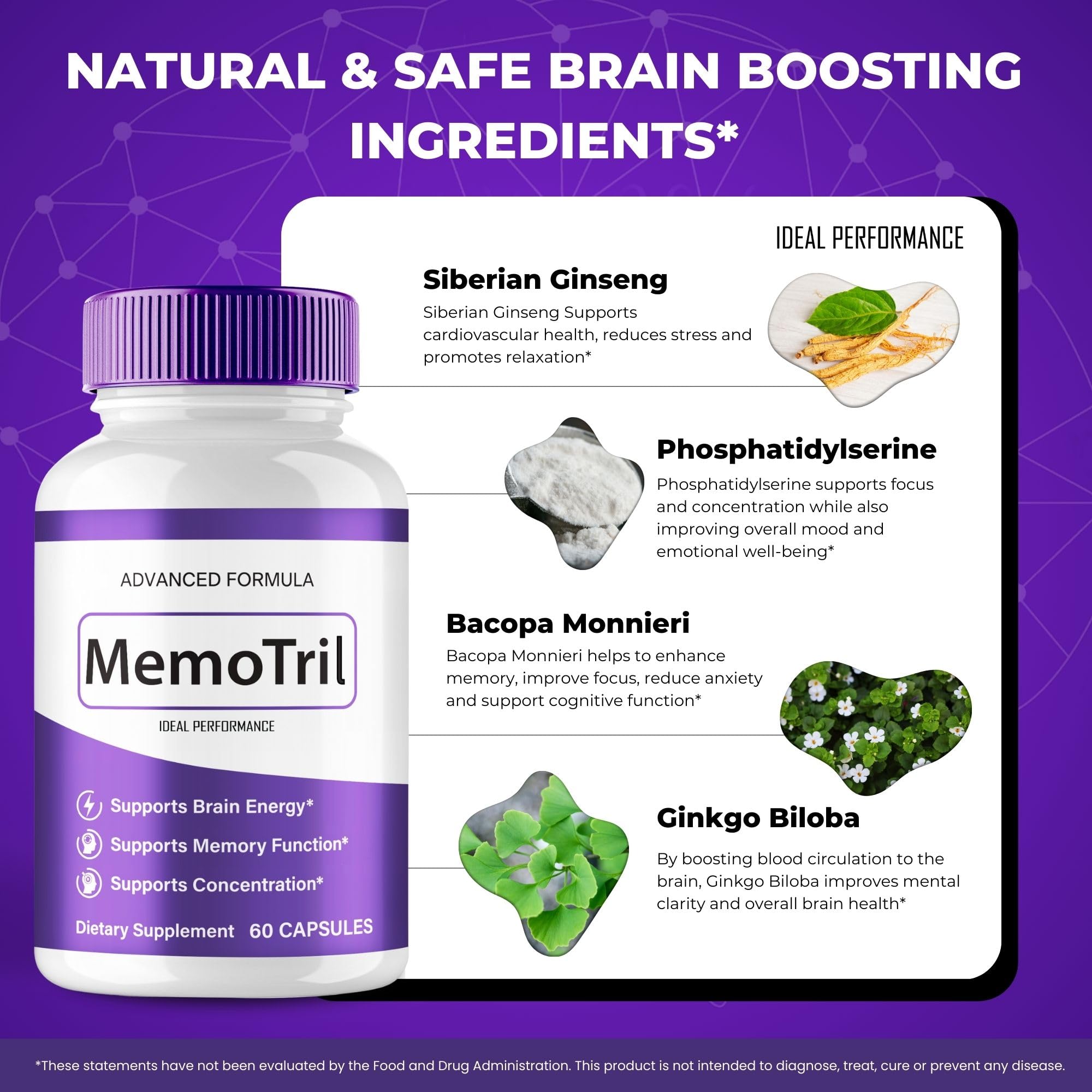 MemoTril capsules arranged in a neat row suggesting daily use routine.