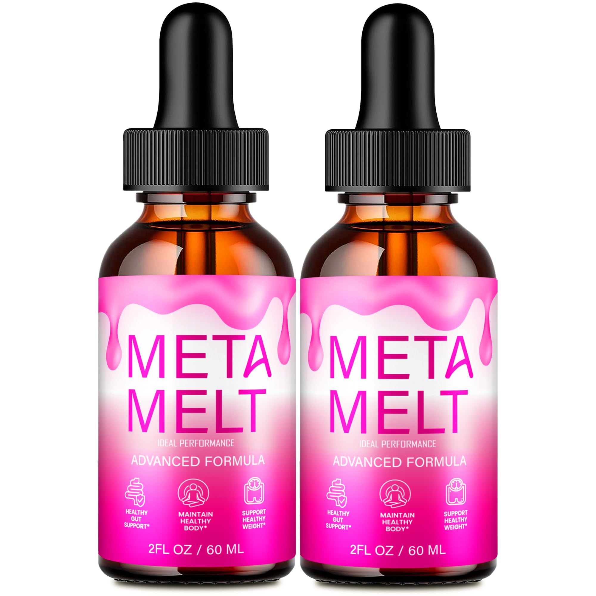 IDEAL PERFORMANCE Meta Melt Drops bottle illustrating easy dosing for active days.