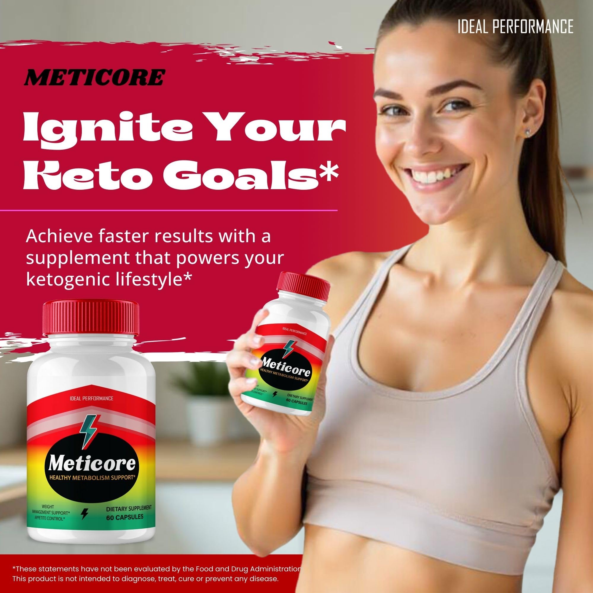 IDEAL PERFORMANCE Meticore Keto Capsules packaging box displaying natural keto formulation