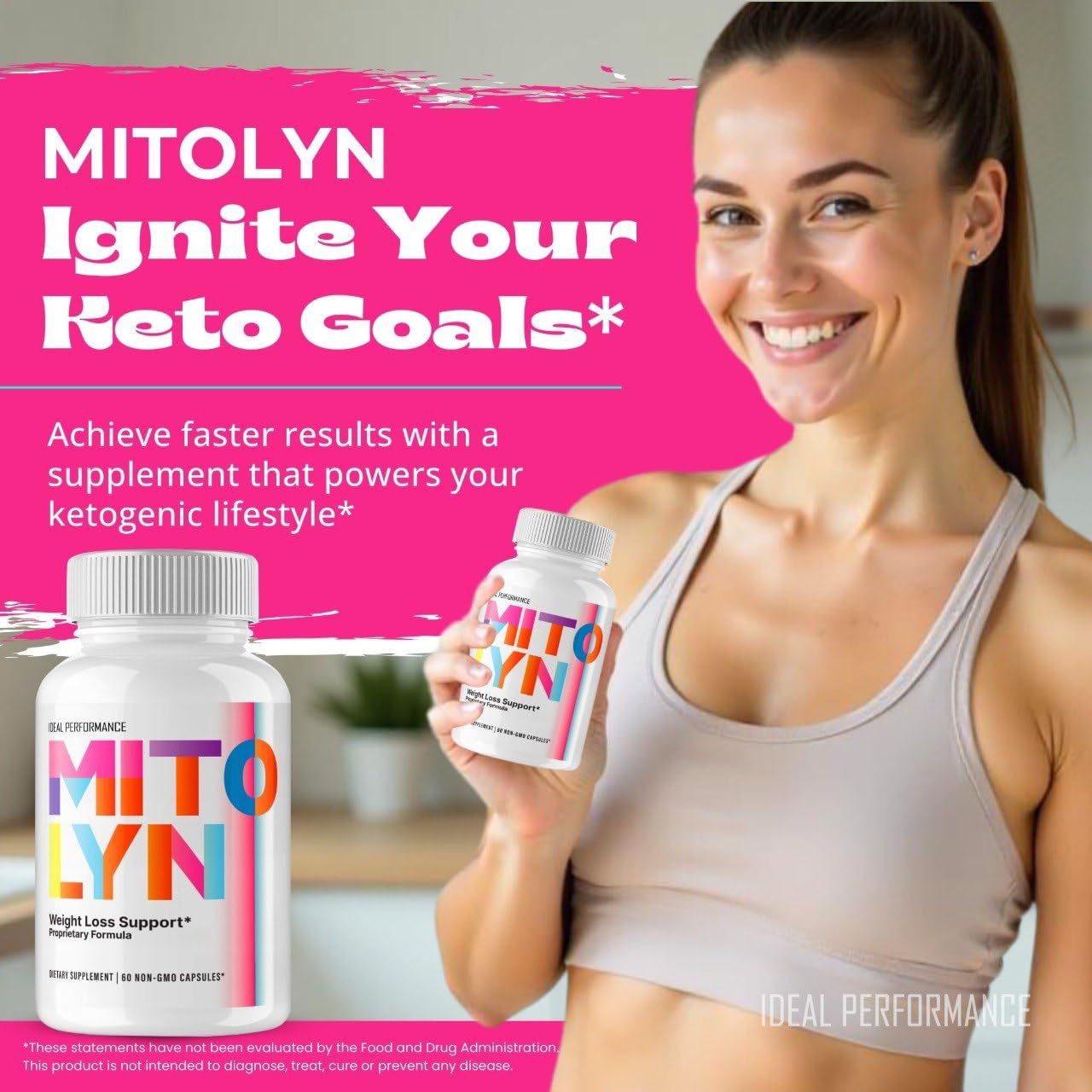 IDEAL PERFORMANCE Mitolyn keto pill packaging clearly labeled for daily use