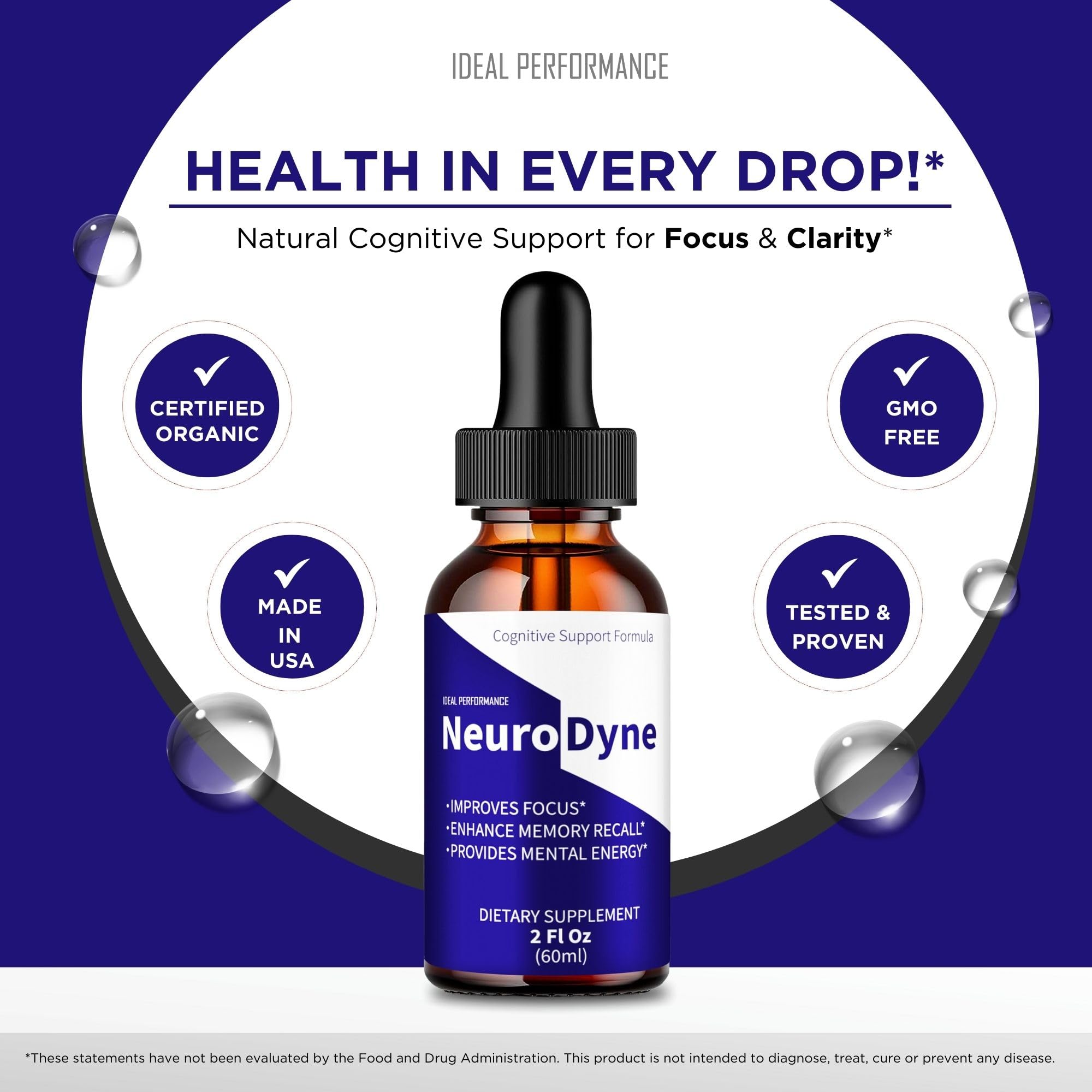 IDEAL PERFORMANCE Neurodyne Drops ingredients scatter illustrating clean natural components
