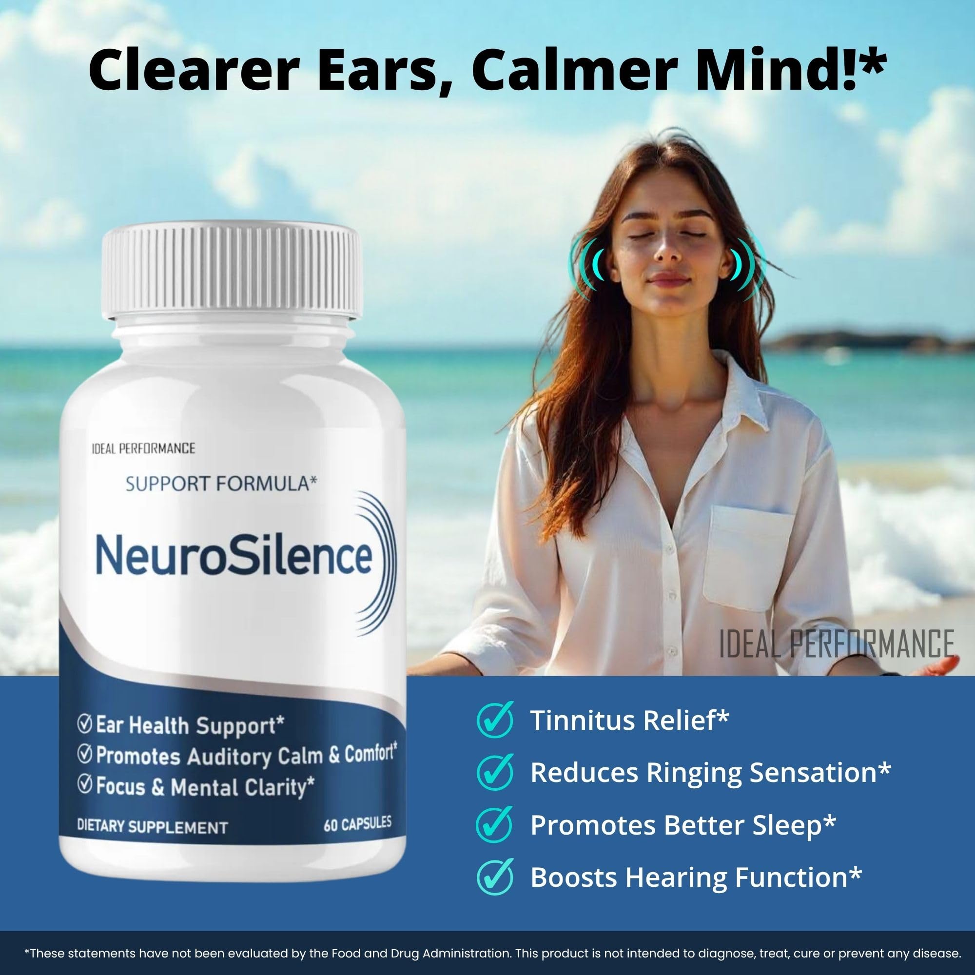 IDEAL PERFORMANCE Neurosilence capsules close-up with softgel shells for easy swallowing.