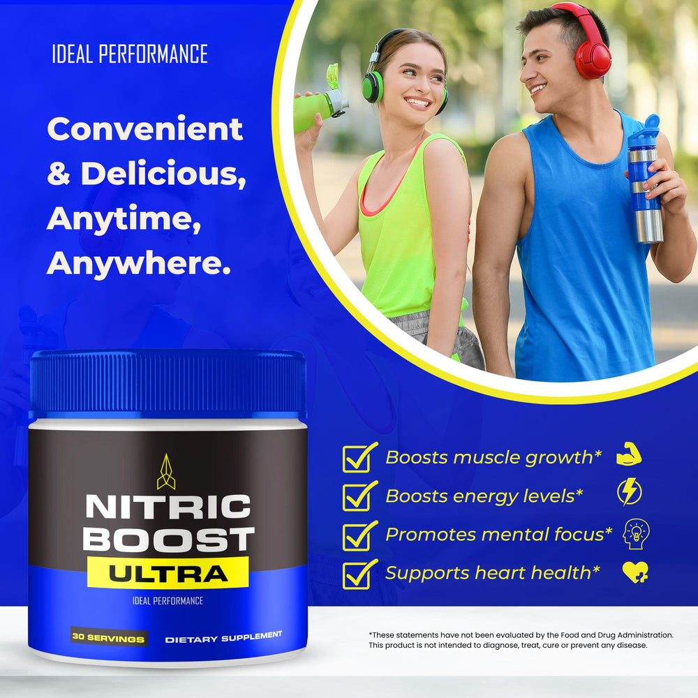 IDEAL PERFORMANCE Nitric Boost Ultra Powder mixed in water for a ready energy boost.