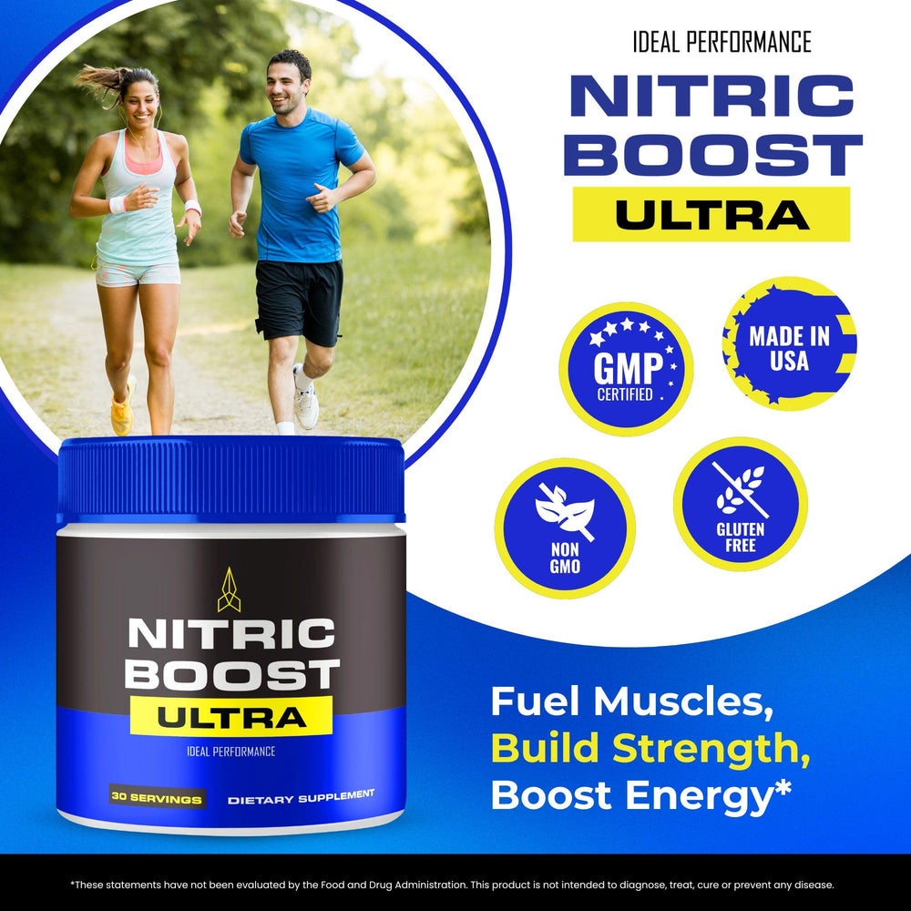 IDEAL PERFORMANCE Nitric Boost Ultra Powder label close-up emphasizing the official formula.