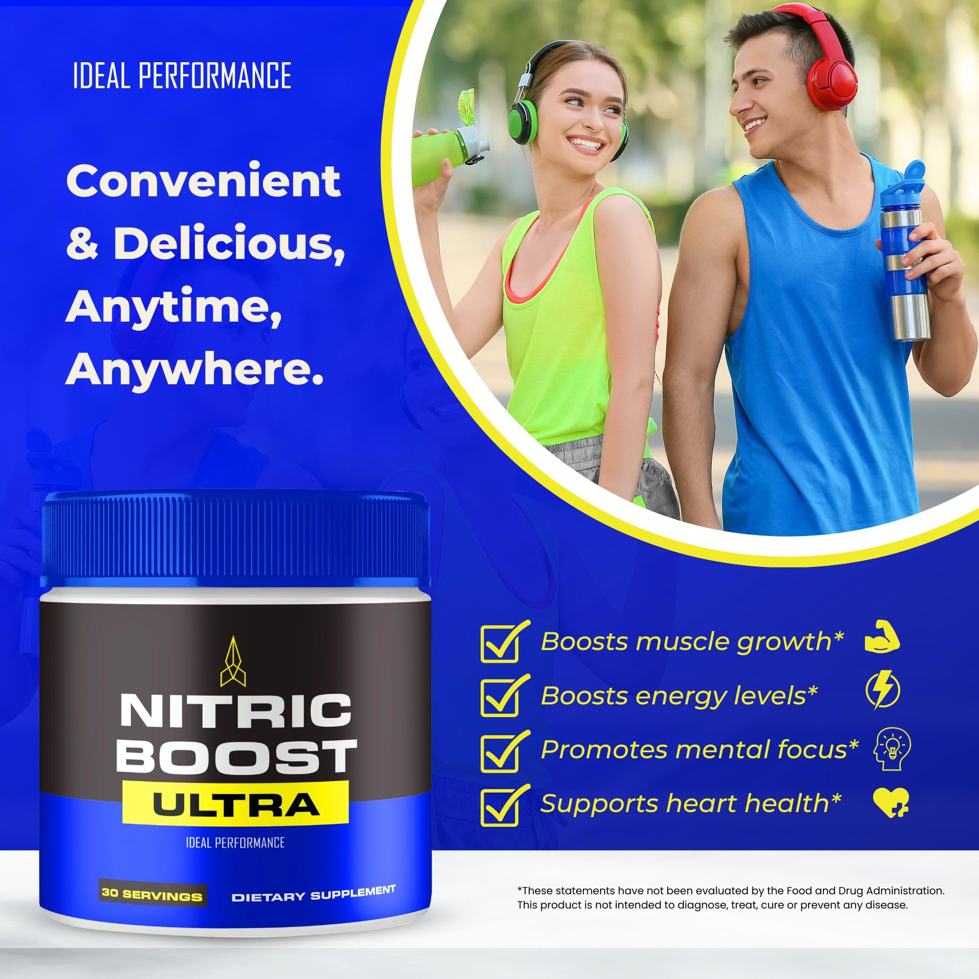 IDEAL PERFORMANCE Nitric Boost Ultra Powder packaging shows reseal and serving size