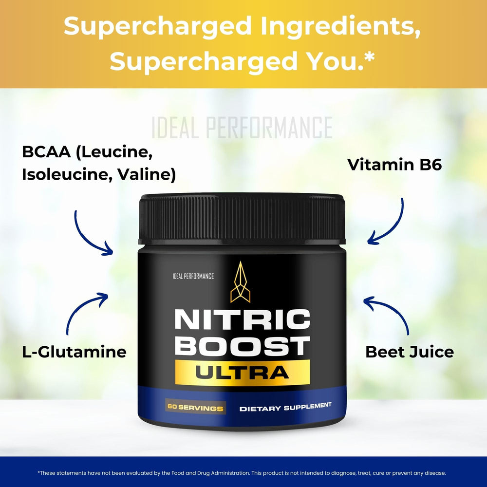 IDEAL PERFORMANCE Nitric Boost Ultra Purple Powder label closeup shows ingredients and dosage.