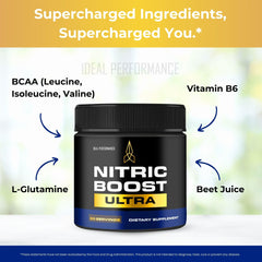 IDEAL PERFORMANCE Nitric Boost Ultra Purple Powder label closeup shows ingredients and dosage.