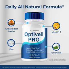 IDEAL PERFORMANCE Optivell Eye Capsules natural formulation highlights ingredients for eye health.