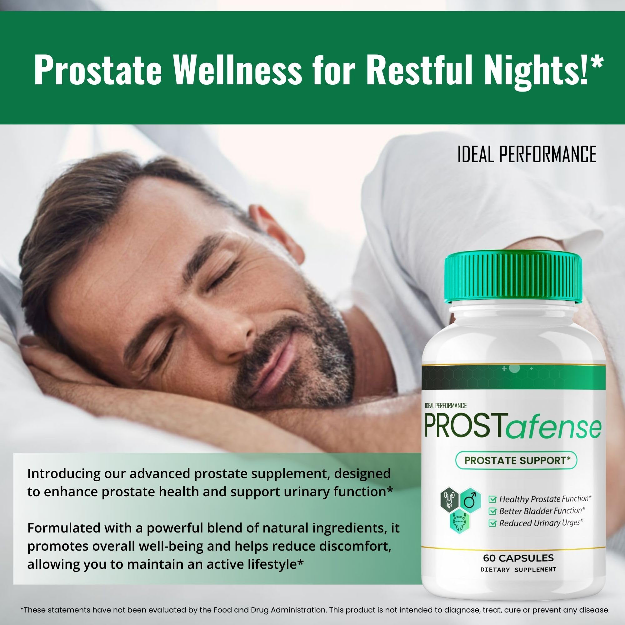 IDEAL PERFORMANCE Prostafense label view emphasizes natural formula and branding.