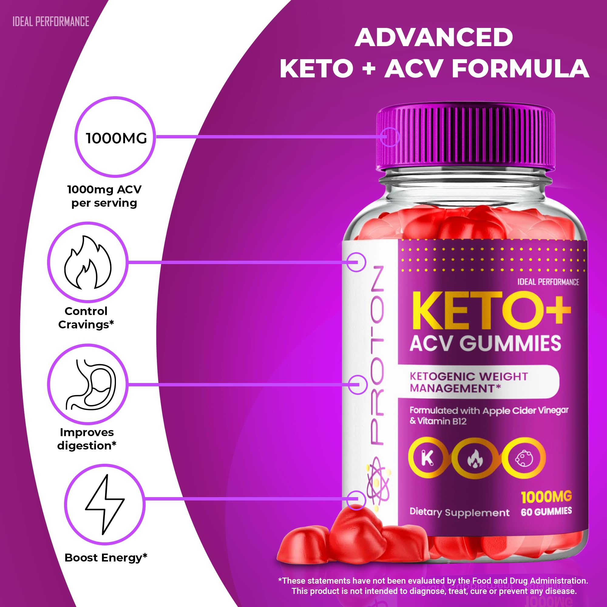 IDEAL PERFORMANCE Proton ACV Gummies ingredients graphic emphasizes natural formula.