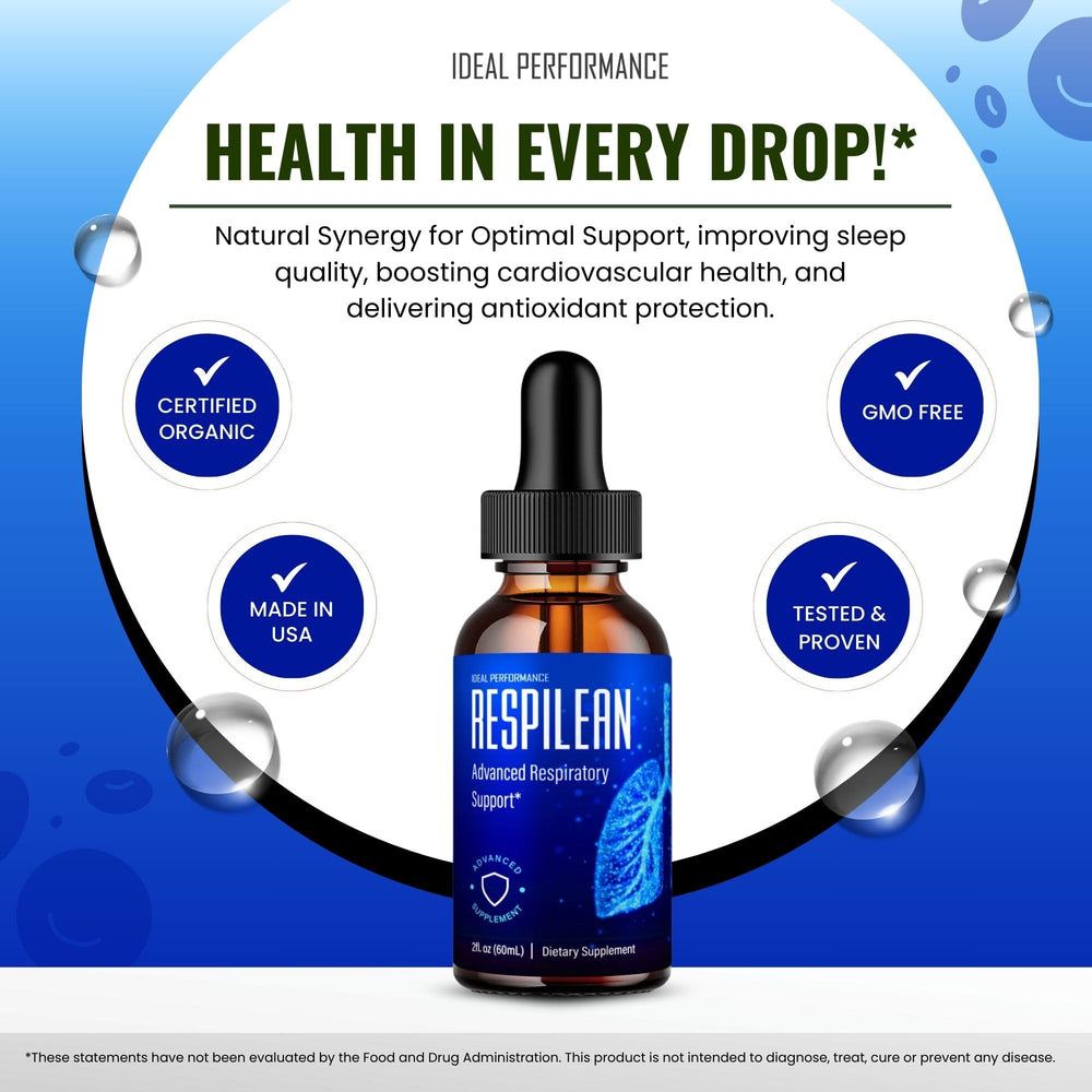 IDEAL PERFORMANCE Respilean blood formula drops bottle emphasizing targeted support visuals.