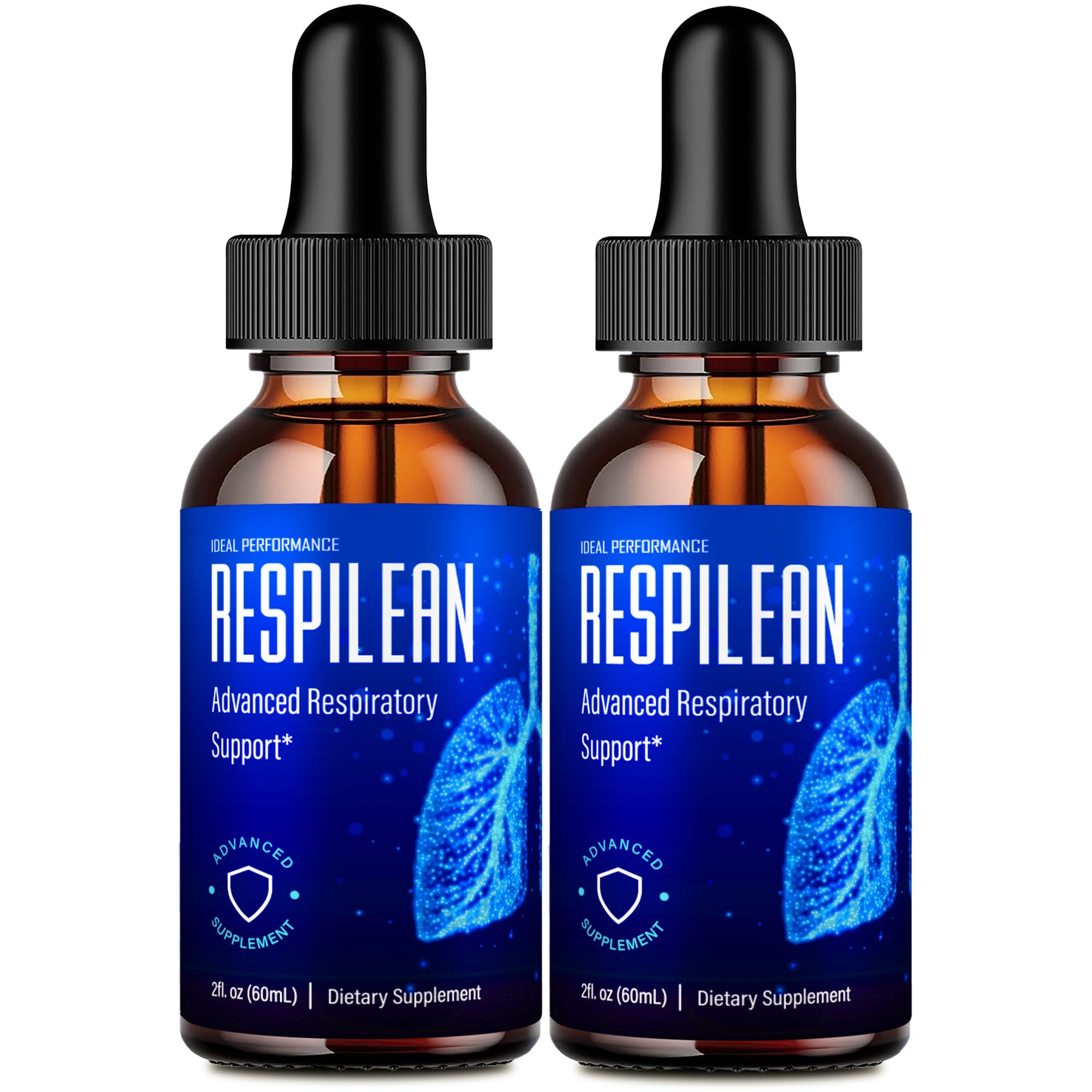 IDEAL PERFORMANCE Respilean drops bottle closeup for easy daily dosing and premium packaging.