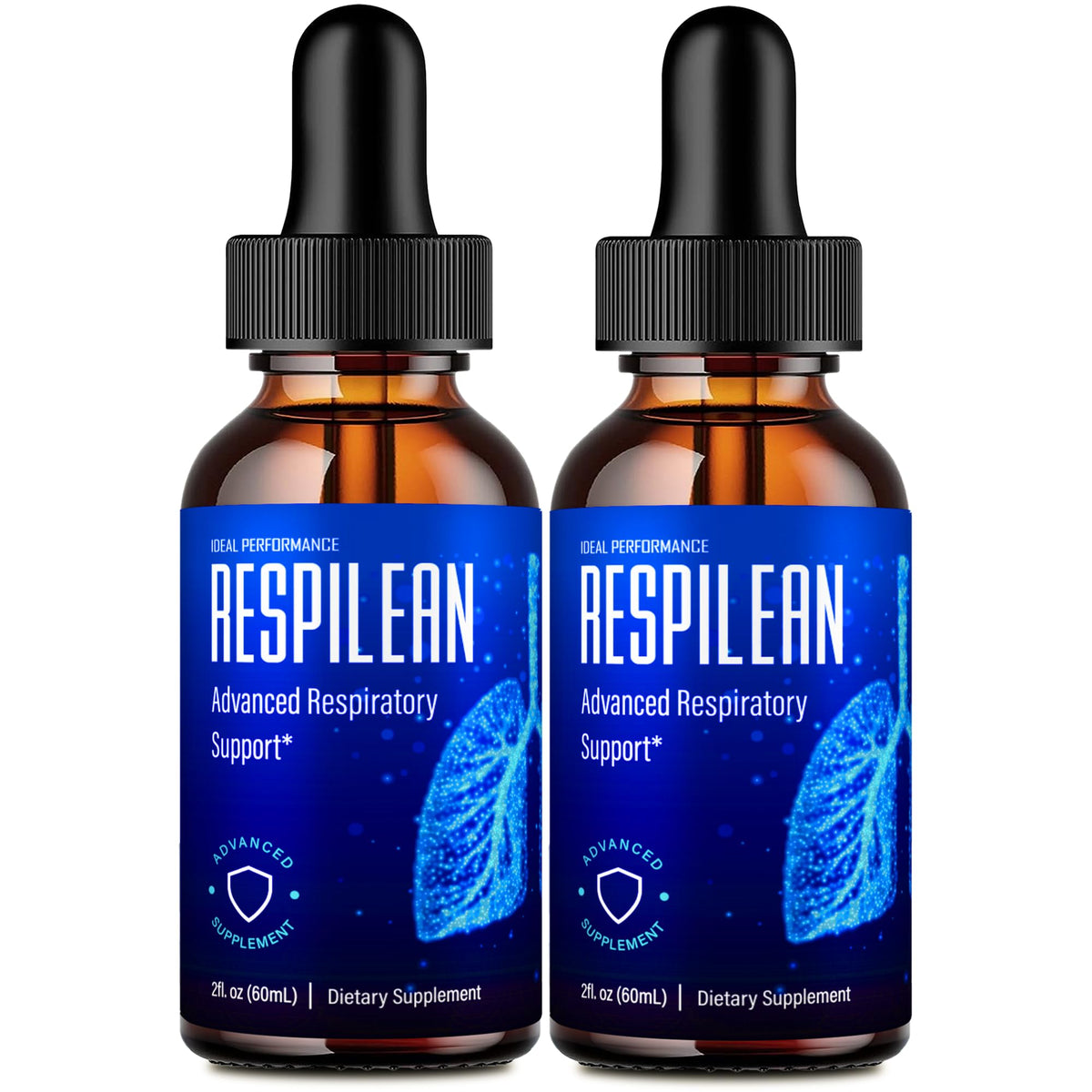 IDEAL PERFORMANCE Respilean drops bottle closeup for easy daily dosing and premium packaging.